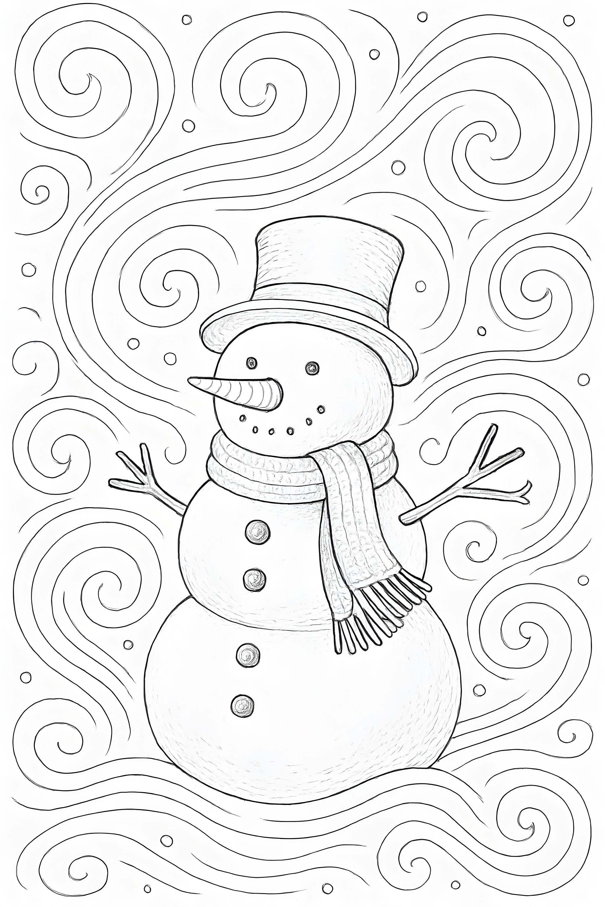 Coloring page of a snowman wearing a top hat and scarf, surrounded by swirling snowflakes in a blizzard
