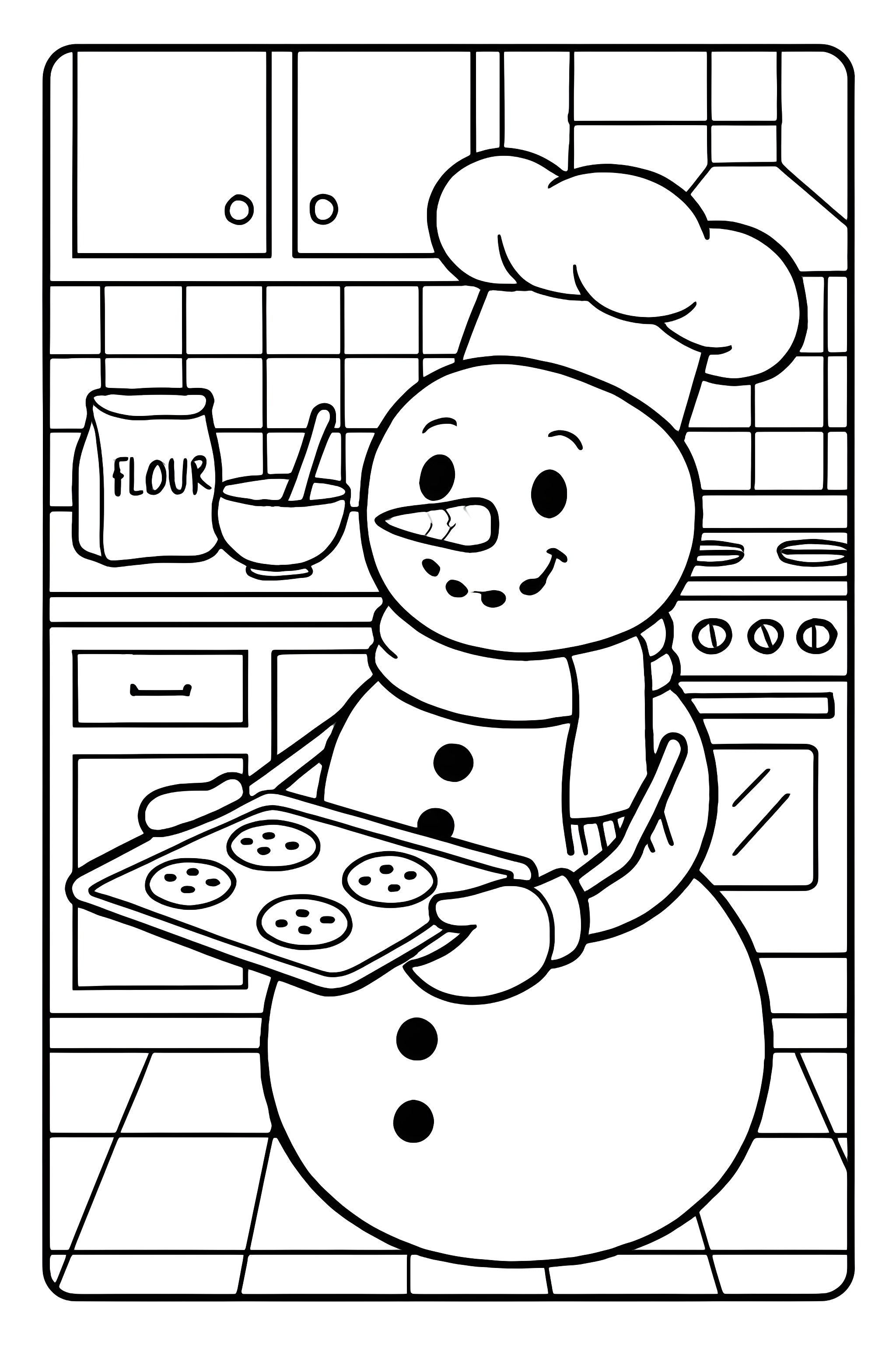 Coloring page of a snowman wearing a chef hat and scarf, holding a tray of cookies in a kitchen setting