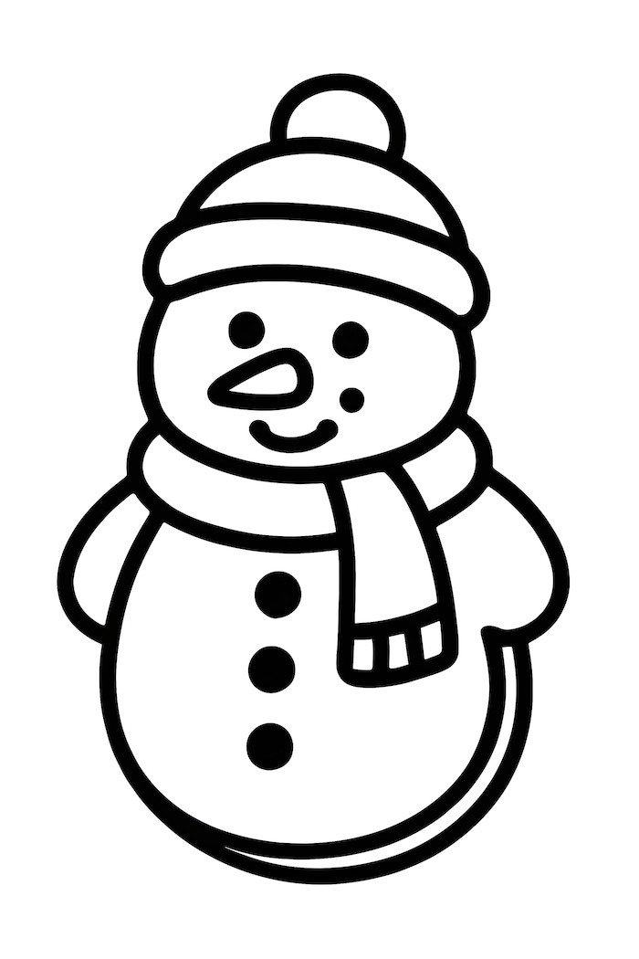 Snowman cookie featuring a scarf, hat, and button details, designed for coloring