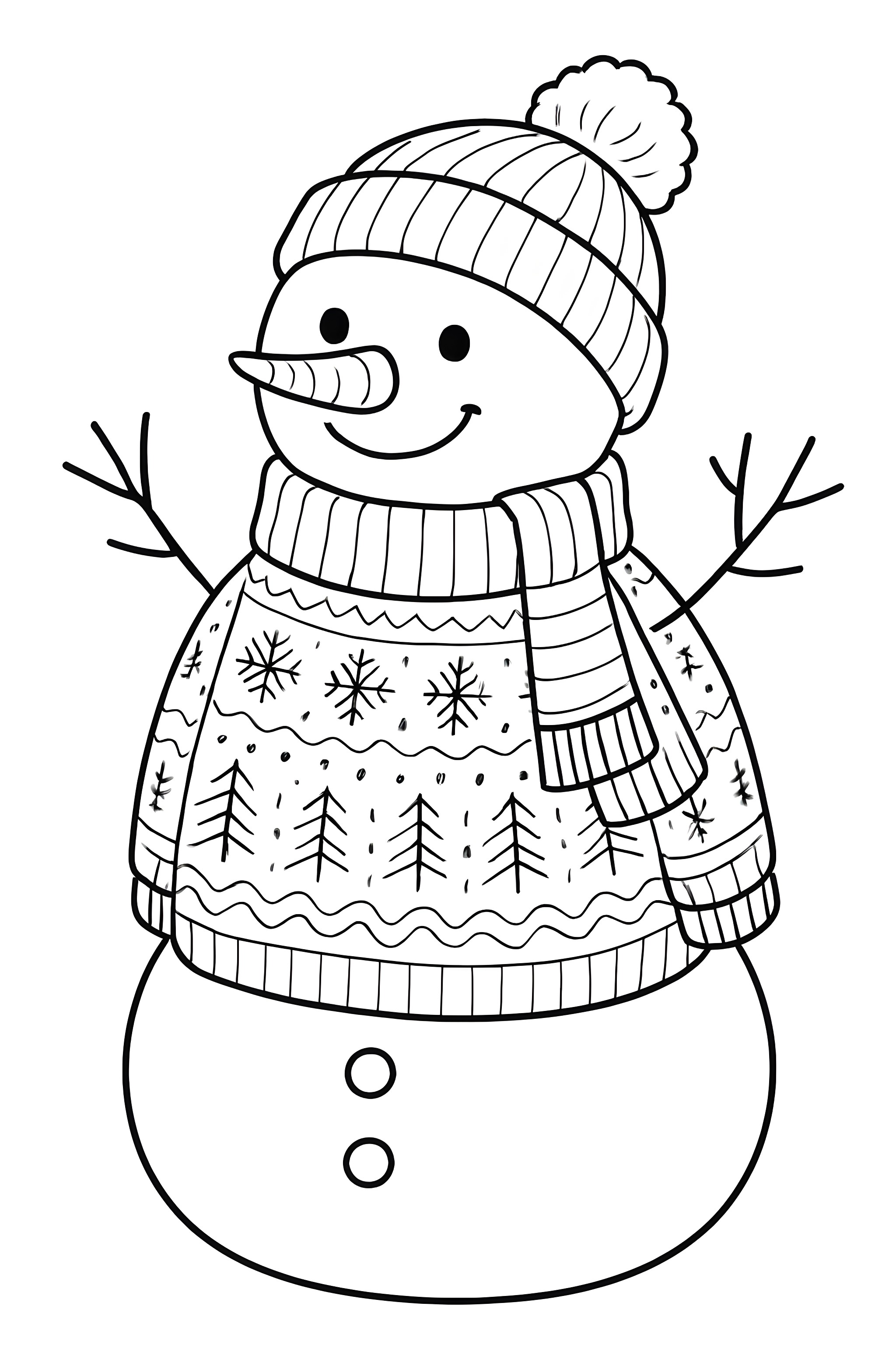 Snowman wearing a winter-themed sweater, a knitted hat, and a striped scarf, with stick arms and a carrot nose