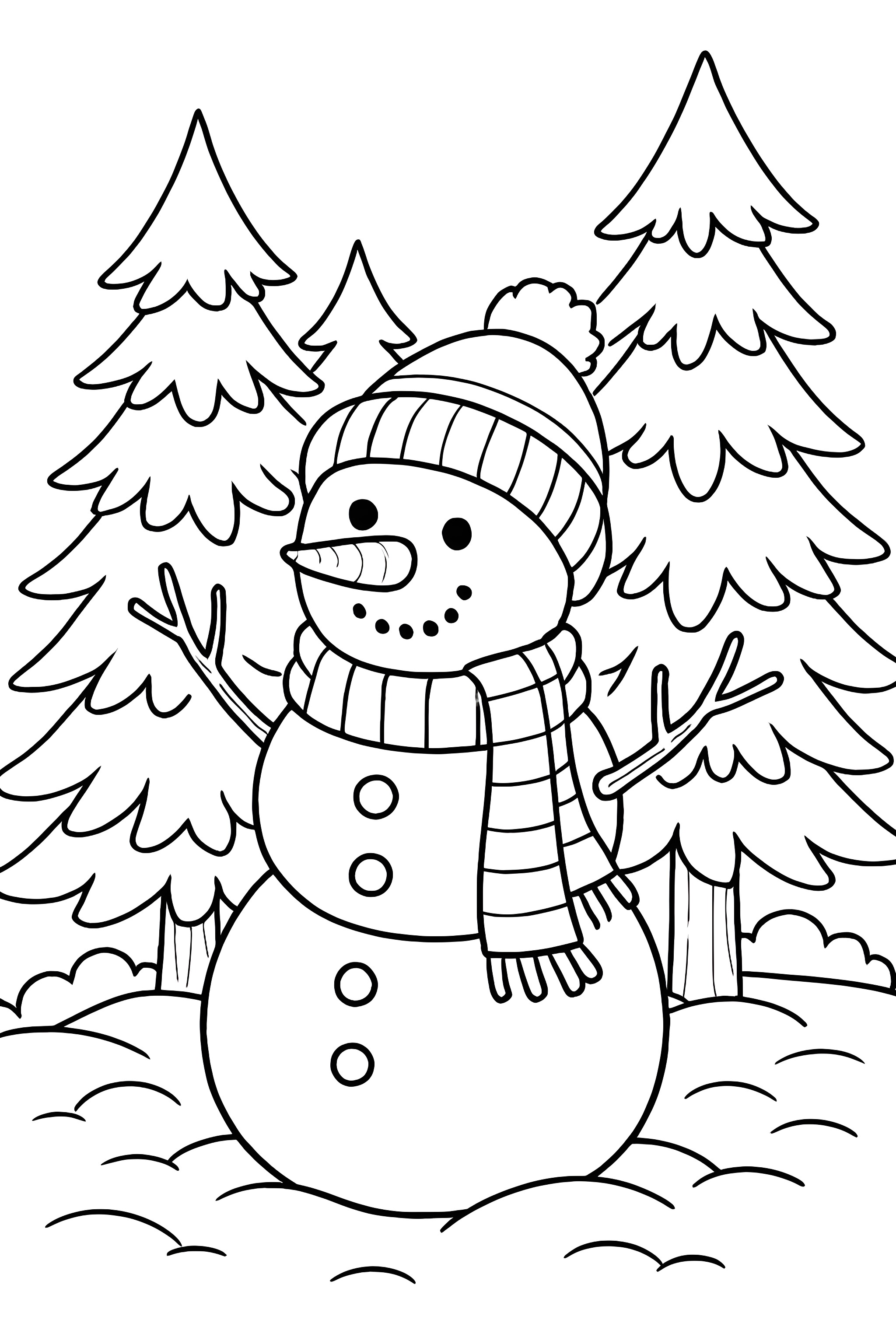 Coloring page of a snowman wearing a hat and scarf in a forest with pine trees in the background