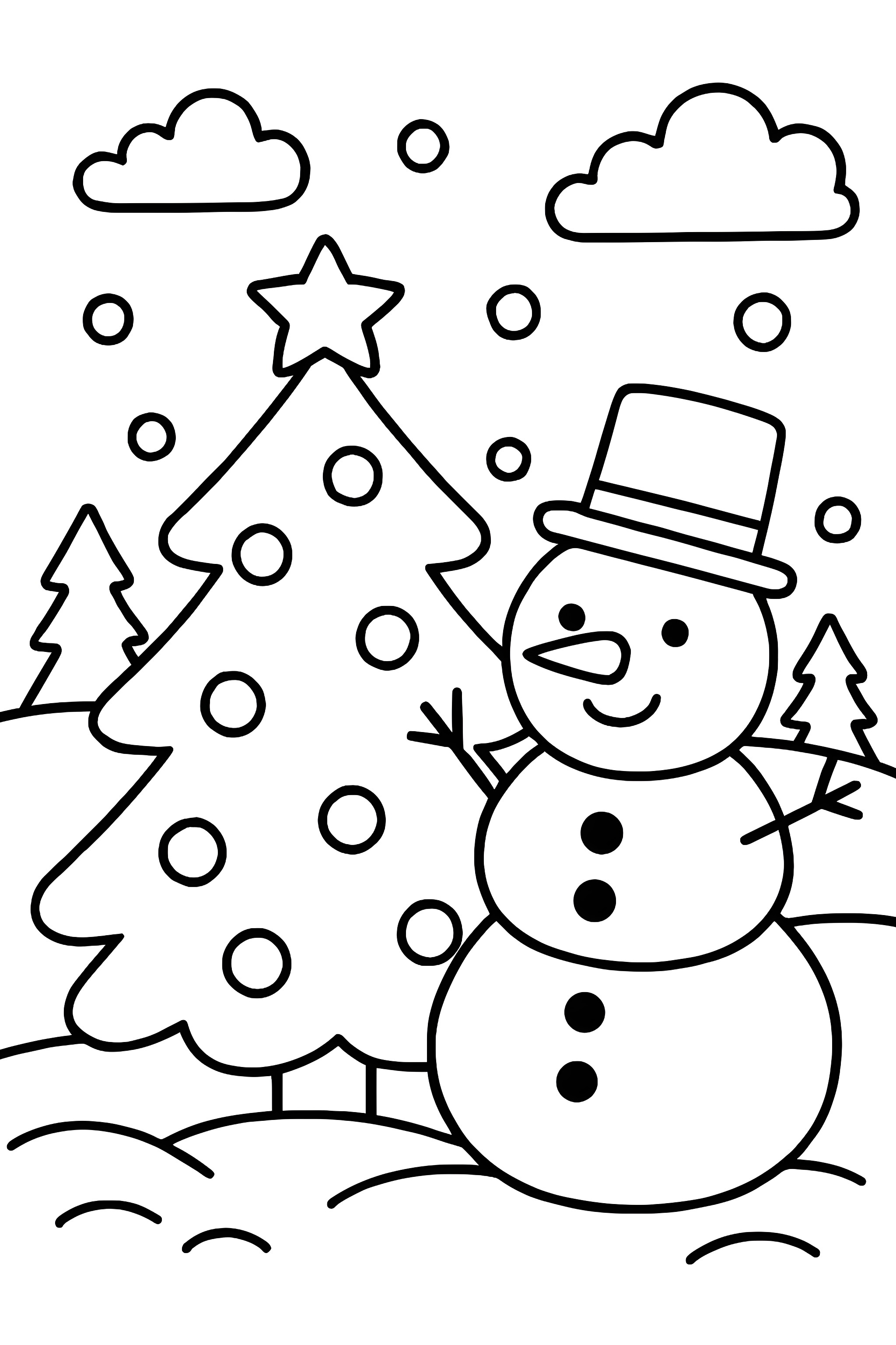 Coloring page of a snowman with a top hat next to a decorated Christmas tree and snowflakes in a snowy landscape