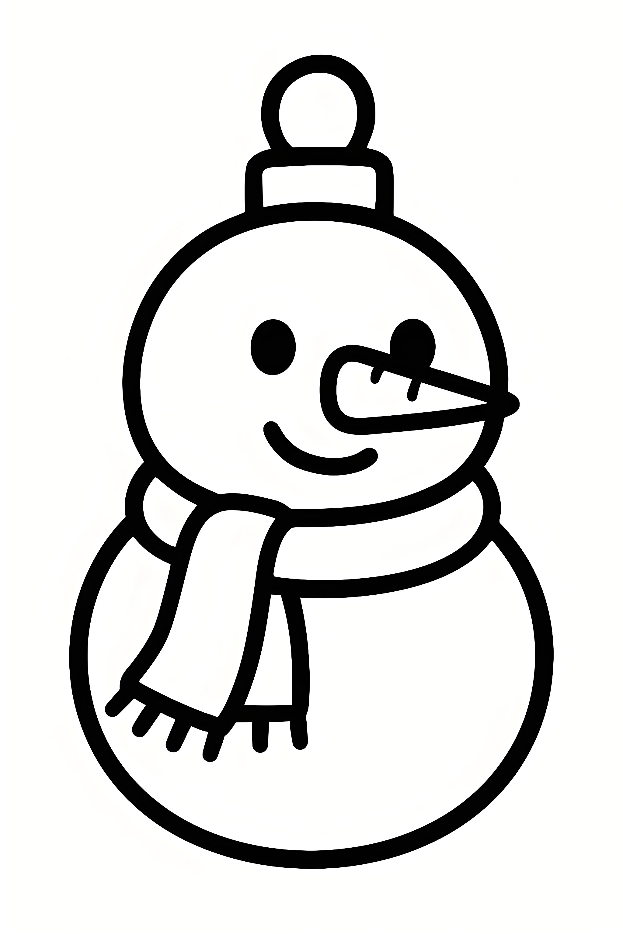 Coloring page of a snowman ornament featuring a carrot nose, a scarf, and a decorative top loop.