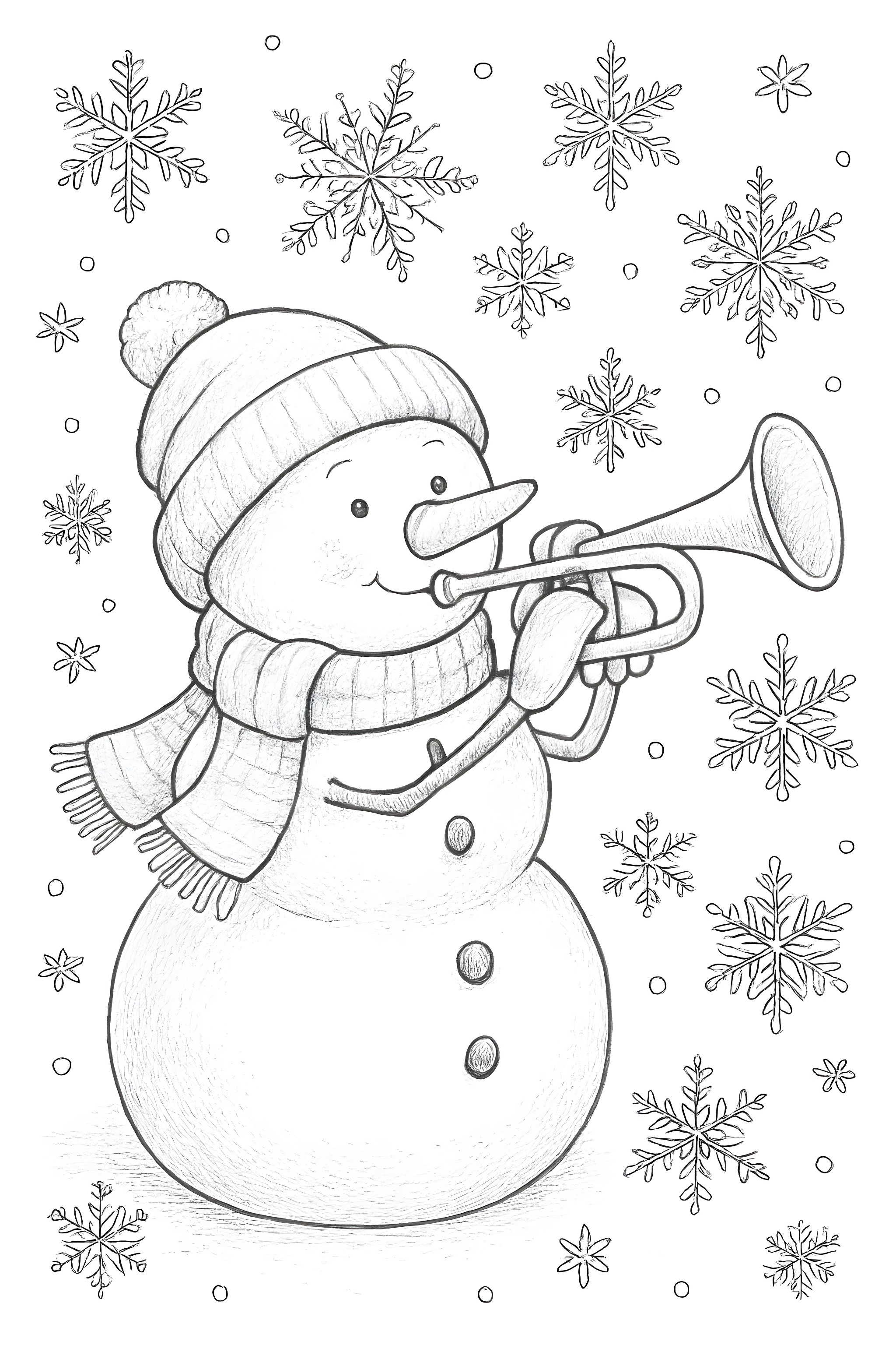 Coloring page featuring a snowman wearing a striped hat and scarf, playing a trumpet with snowflakes in the background