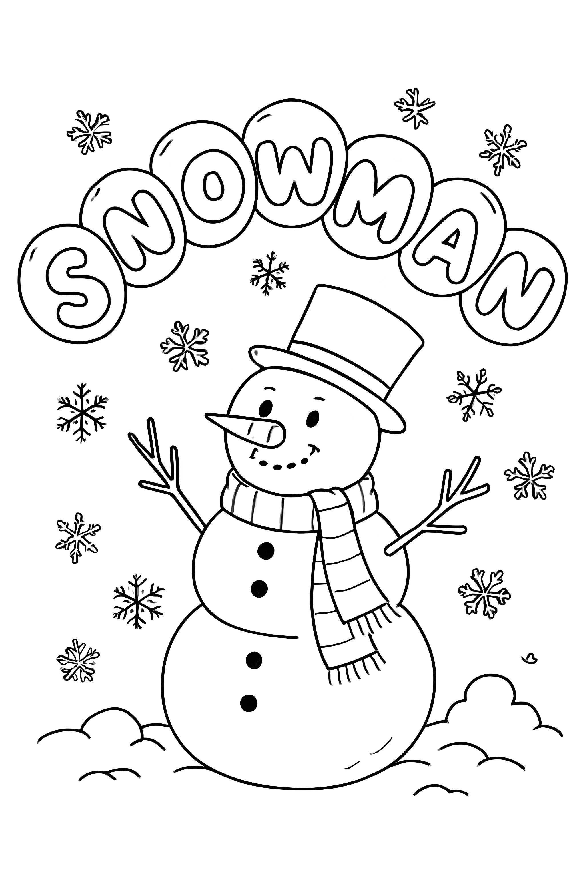 The word 'SNOWMAN' made of snowballs, a smiling snowman with a hat, scarf, and snowflakes