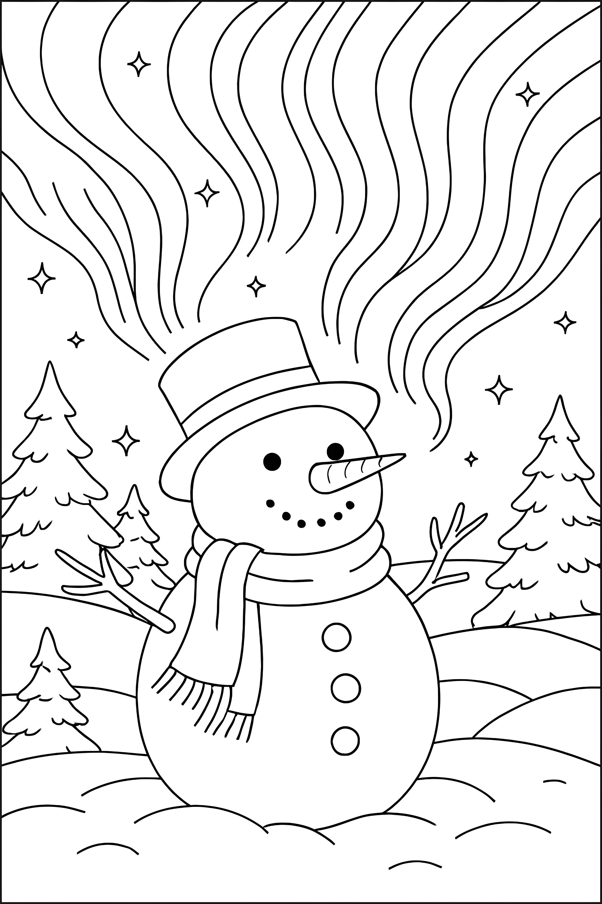Coloring page of a snowman wearing a top hat and scarf, surrounded by evergreen trees under a colorful northern lights sky