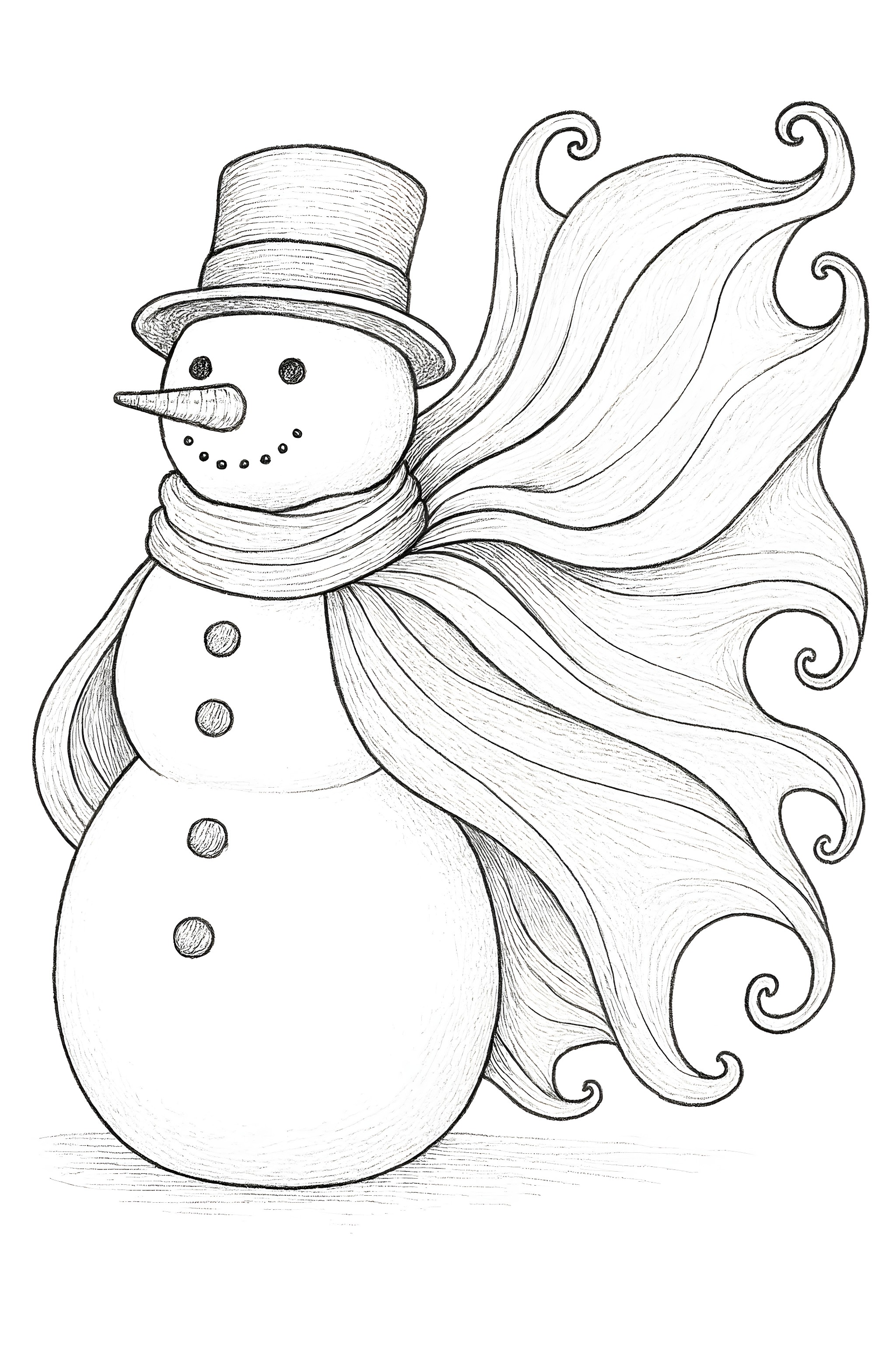 Coloring page of a snowman wearing a tall hat and a flowing cape blowing in the wind, featuring buttons and a carrot nose