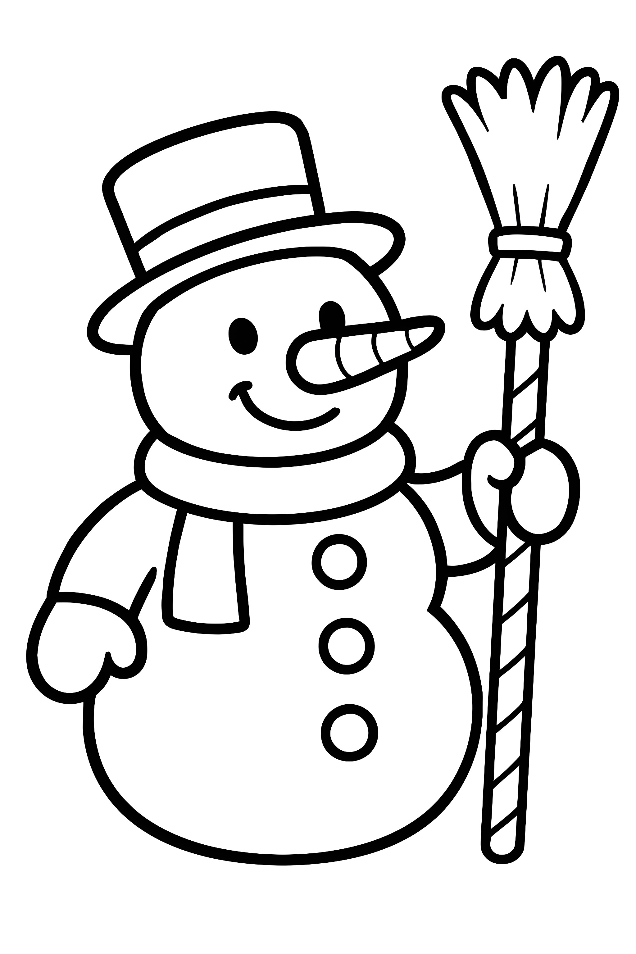 Coloring page of a snowman holding a broomstick made of a candy cane