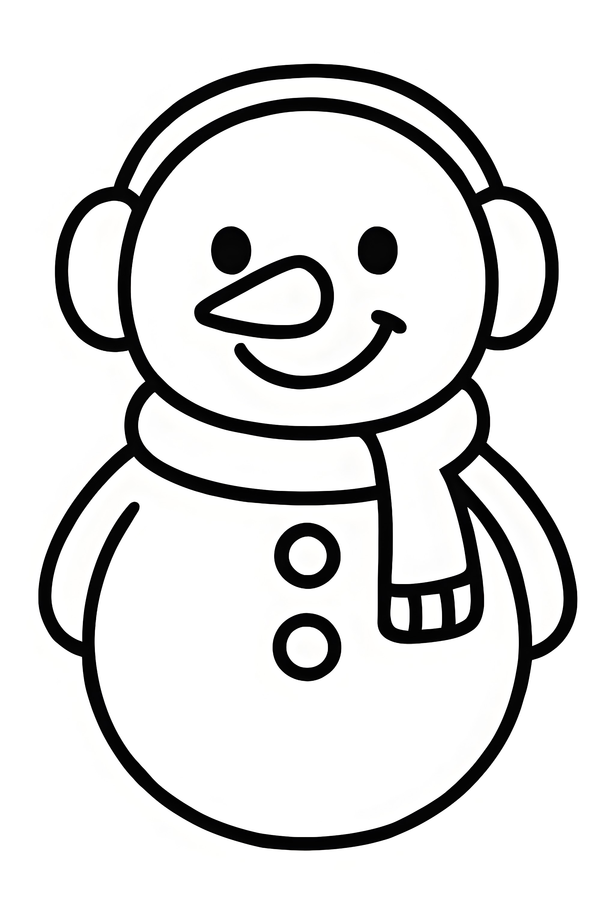 Coloring page of a snowman wearing earmuffs, a scarf, and buttons, displaying a cheerful smile