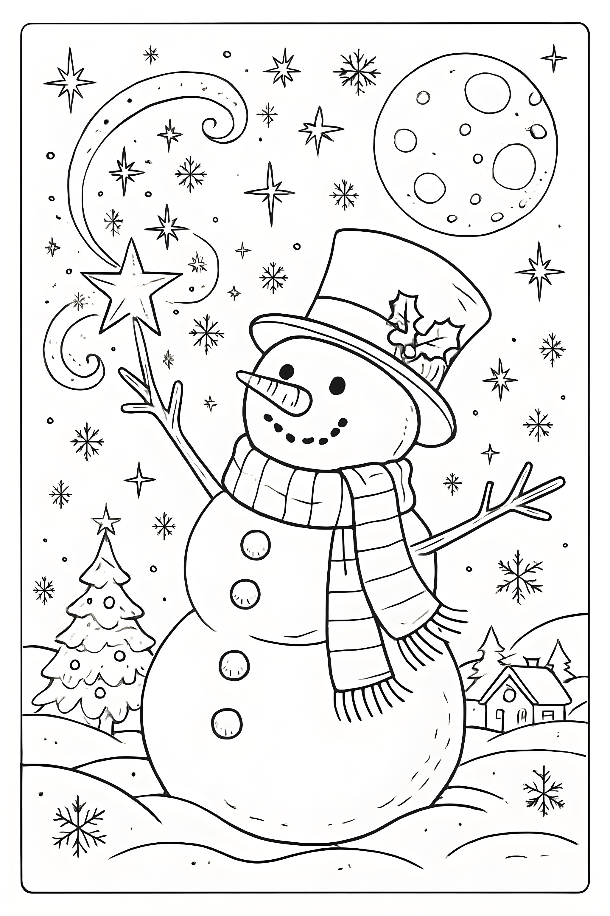 Coloring page of a cheerful snowman wearing a holiday hat and scarf, surrounded by a Christmas tree, stars, and a moon