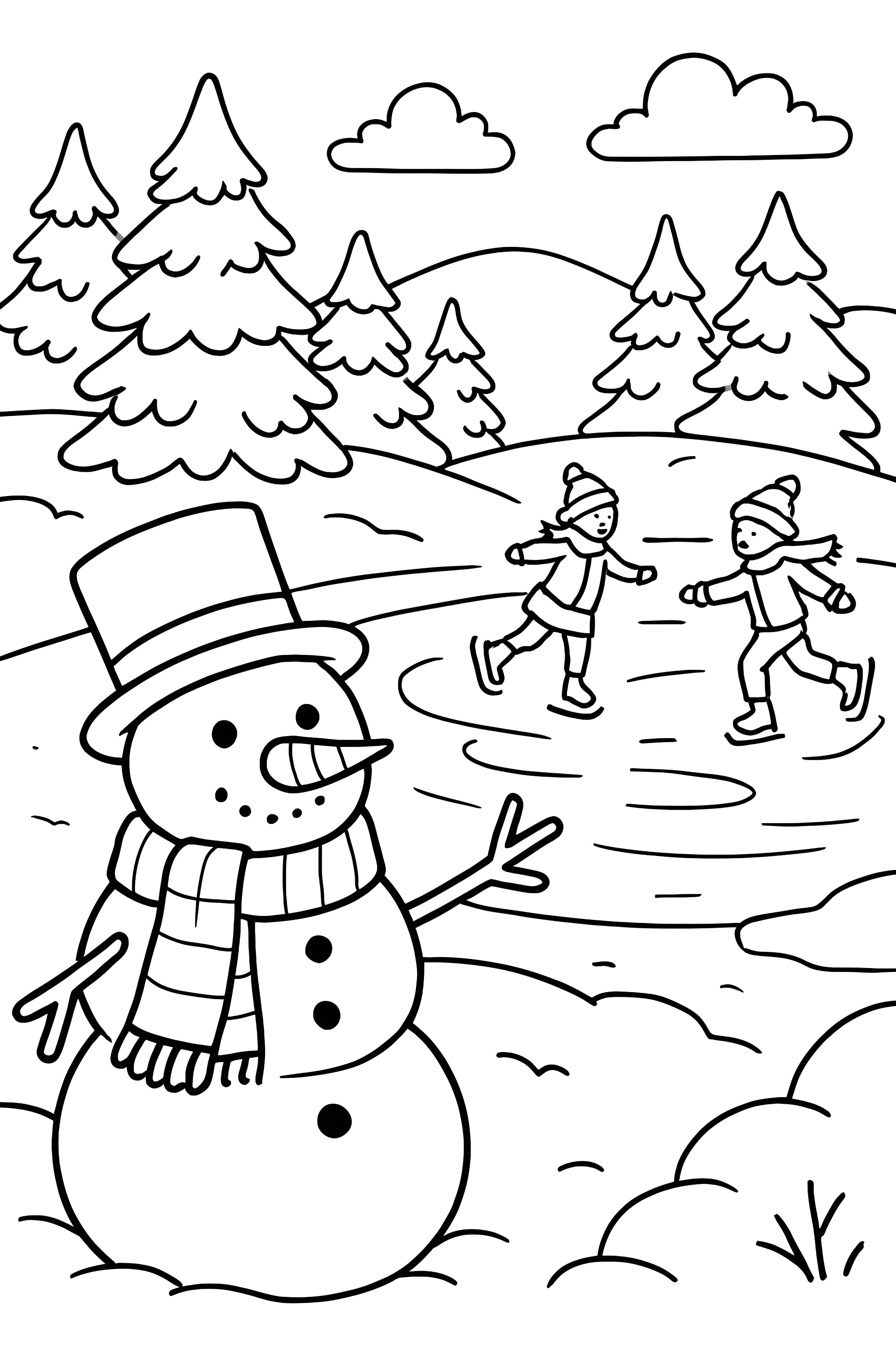 Coloring page featuring a snowman by a frozen pond with ice skaters in the background and trees surrounding the scene