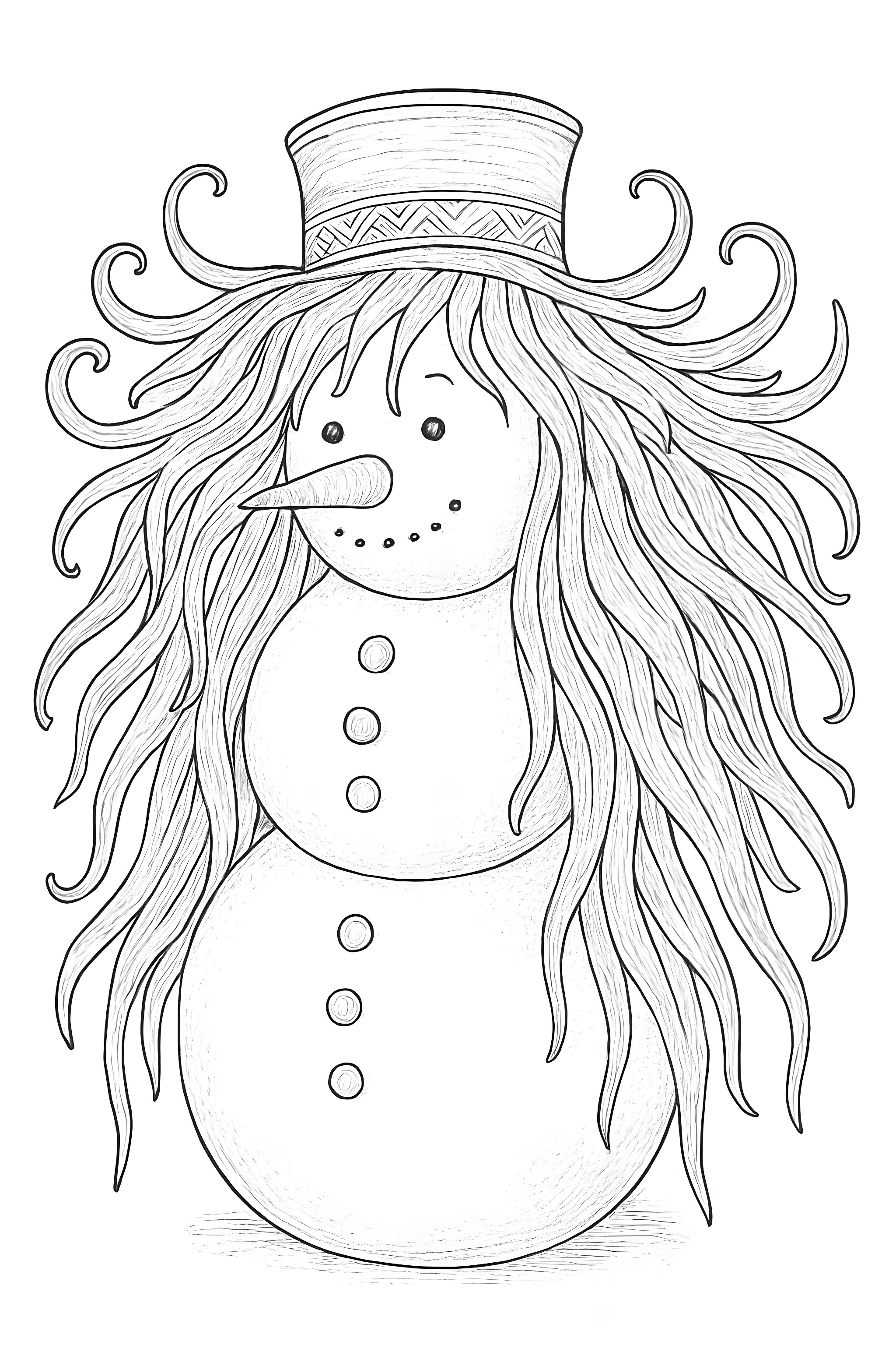Coloring page of a snowman featuring elaborate icicle hair and a stylish hat, adorned with buttons and a carrot nose