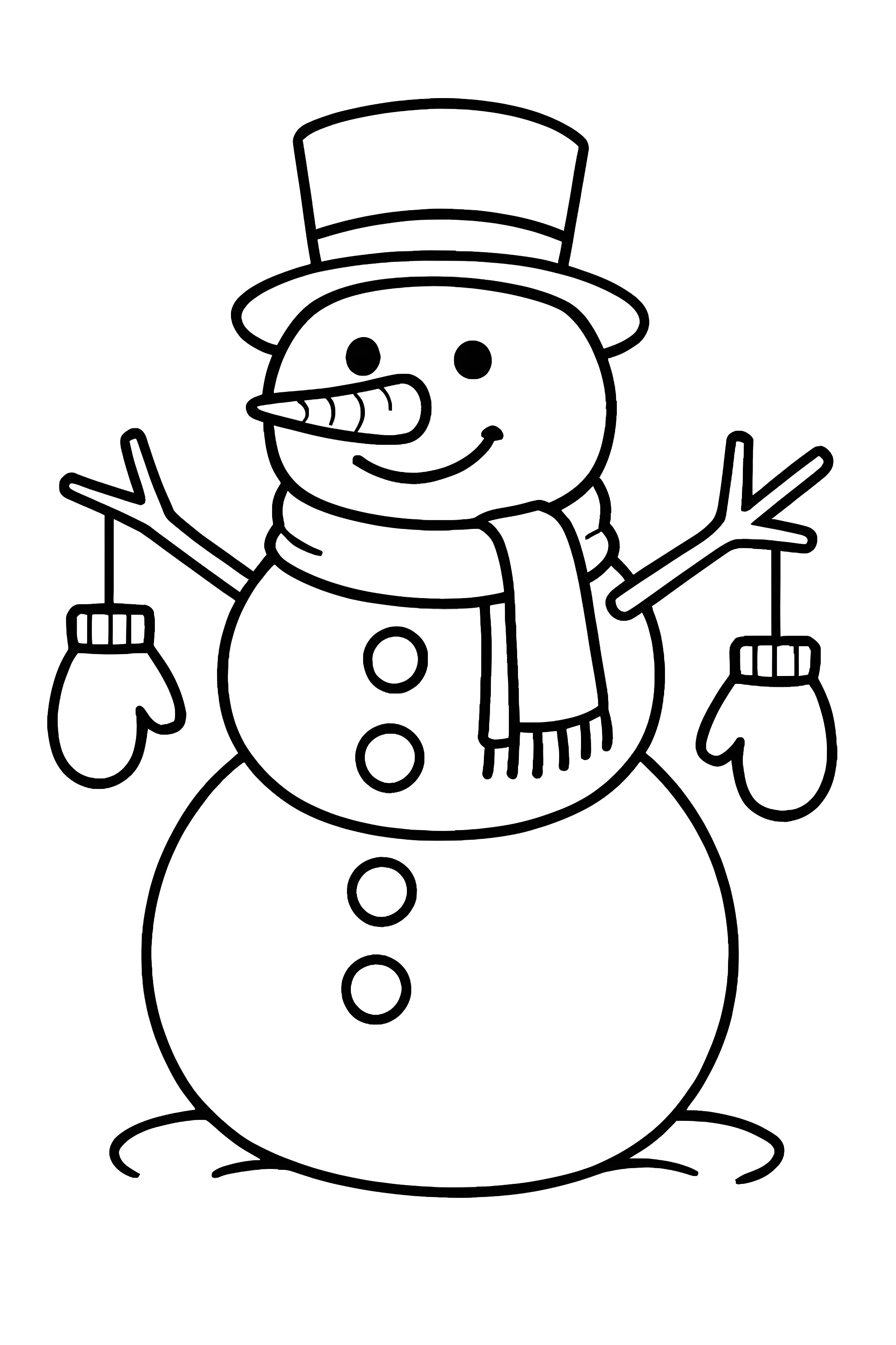 Coloring page of a snowman wearing a hat, with mittens hanging from its arms and a scarf around its neck