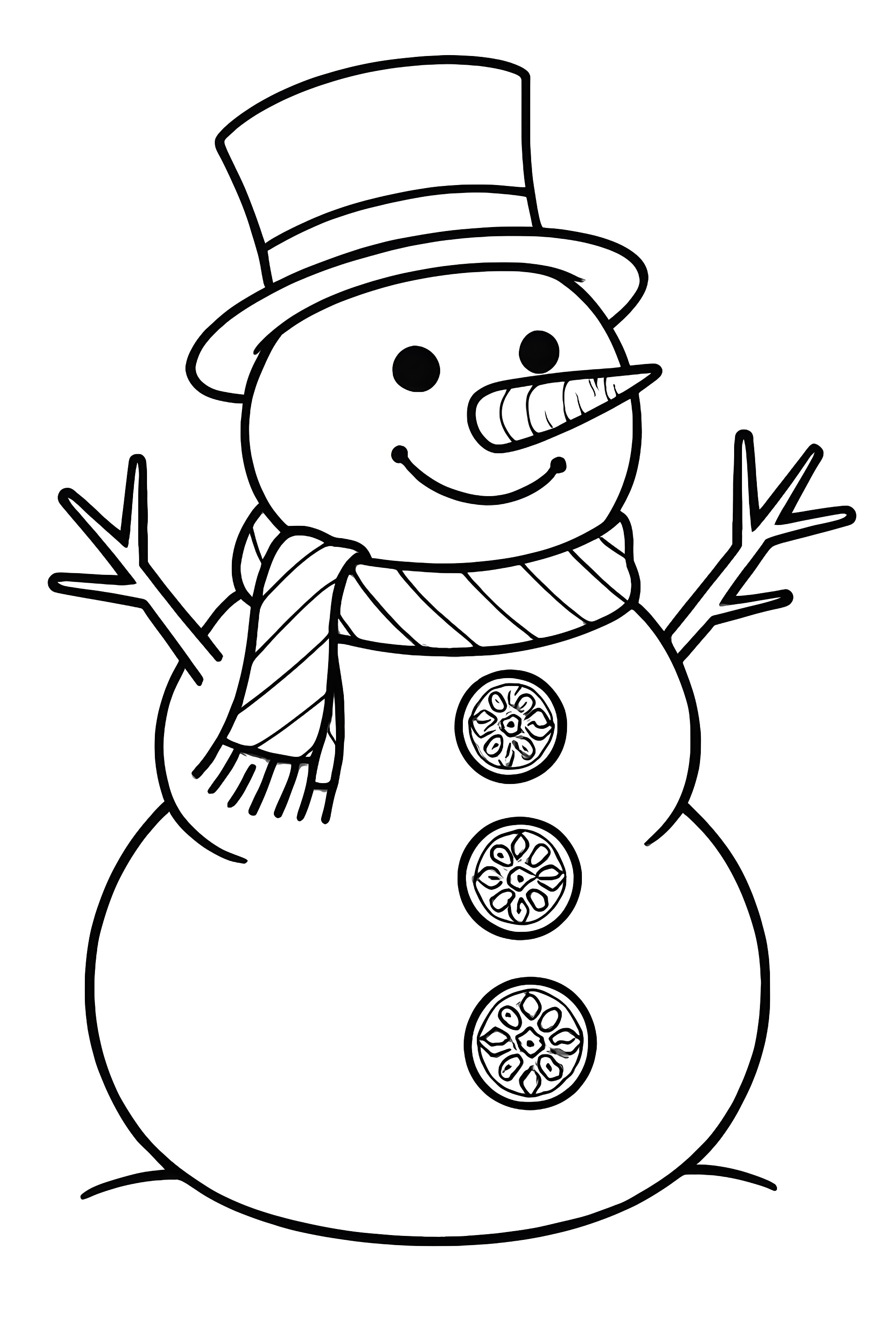 Coloring page of a snowman wearing a top hat and a striped scarf with ornate buttons down its front