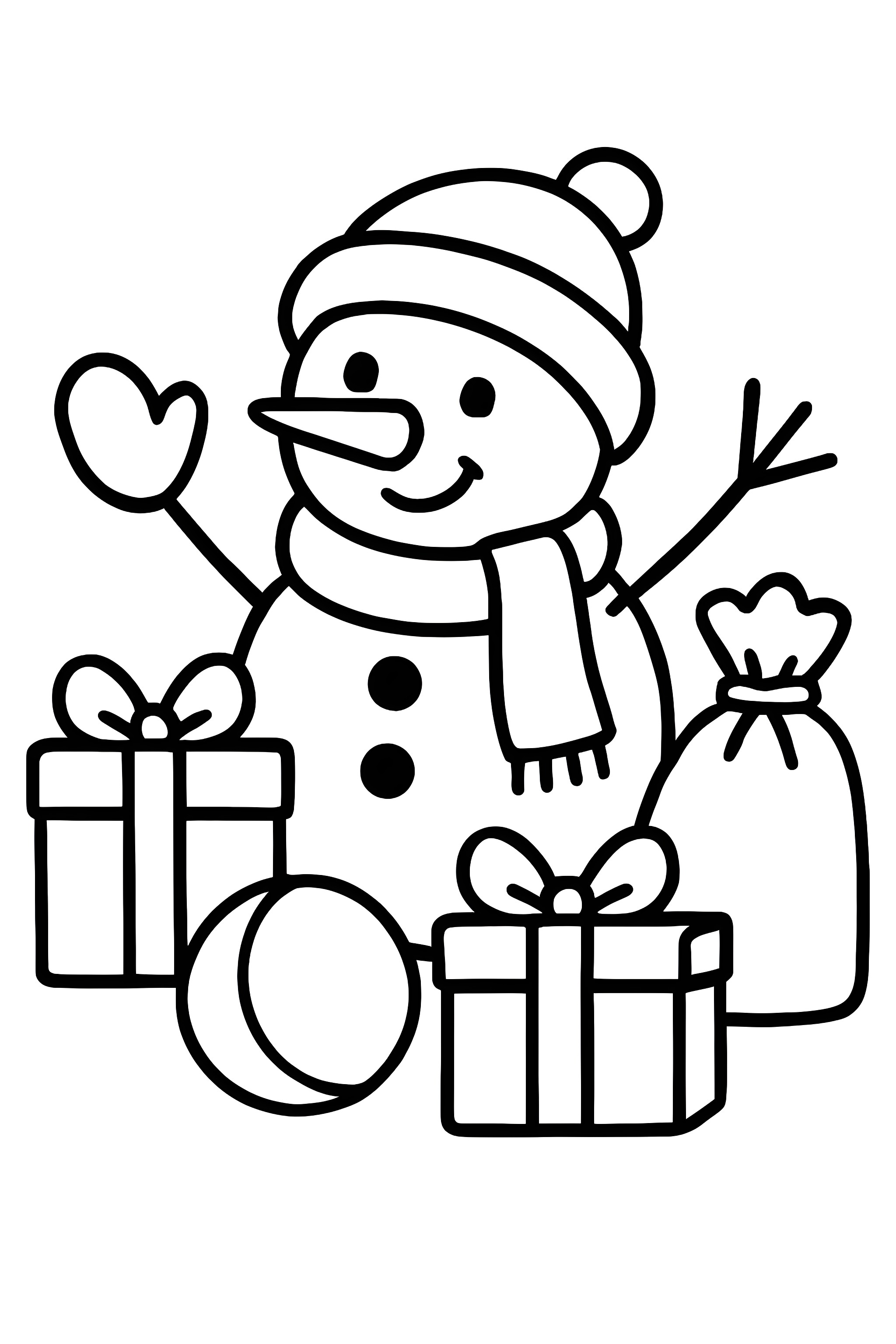 Snowman wearing a hat and scarf surrounded by gifts, a toy ball, and a bag
