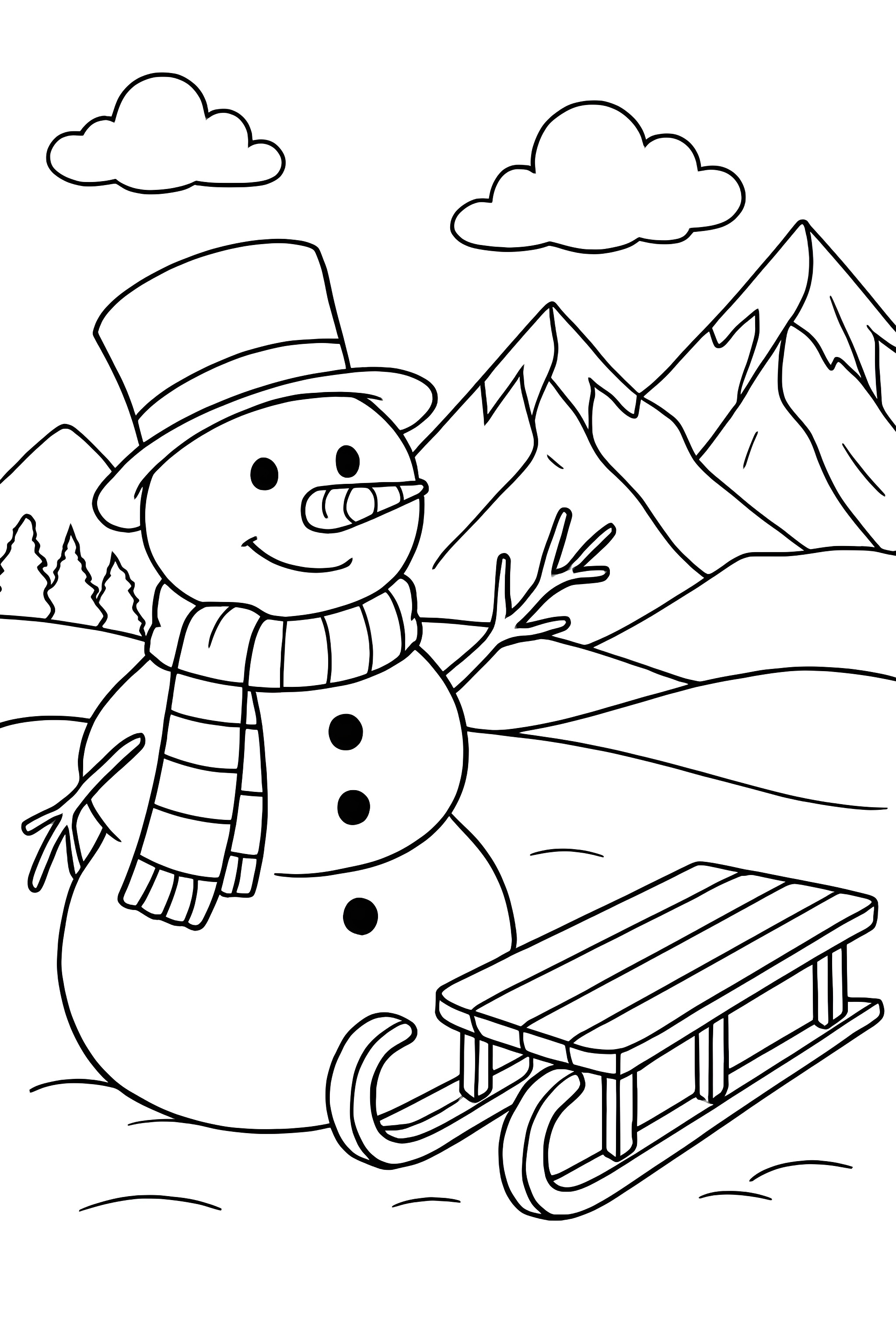 Coloring page featuring a snowman beside a sled with mountains and trees in the background