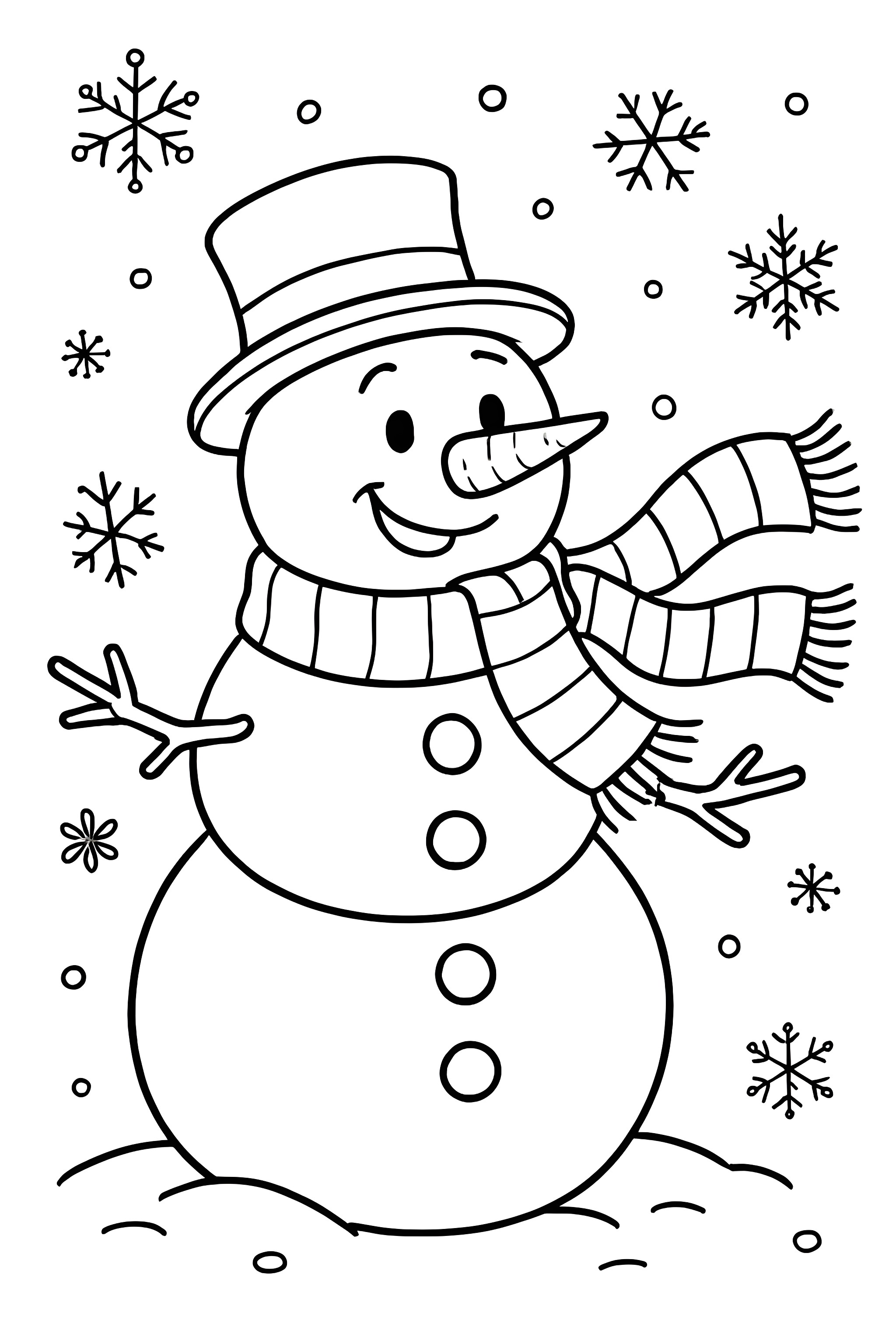 Coloring page of a cheerful snowman wearing a striped scarf and a top hat, with snowflakes falling around it