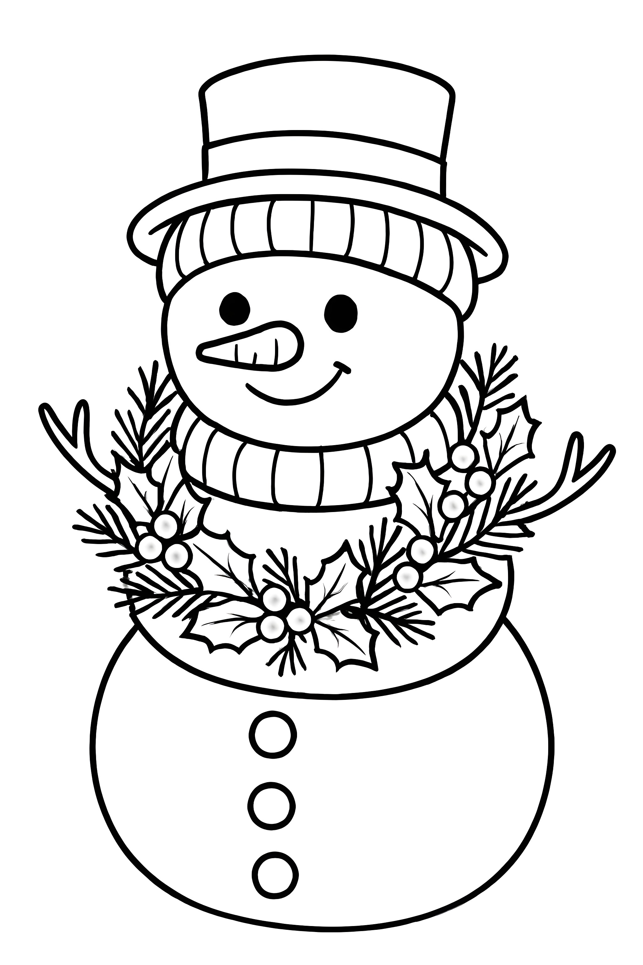 Coloring page of a snowman wearing a top hat and adorned with a wreath of holly around its neck