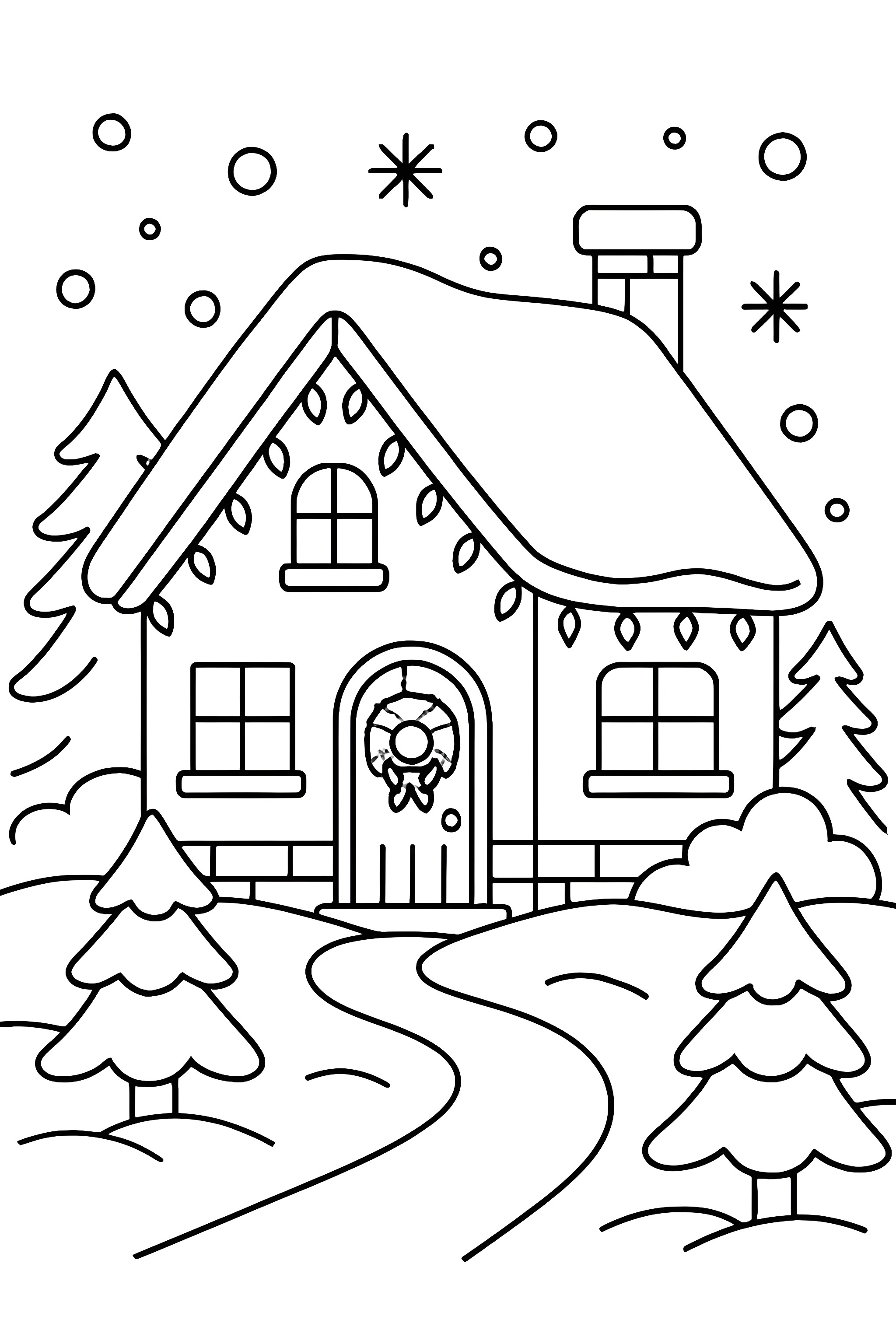 A snowy cottage decorated with Christmas lights, surrounded by trees and snowflakes