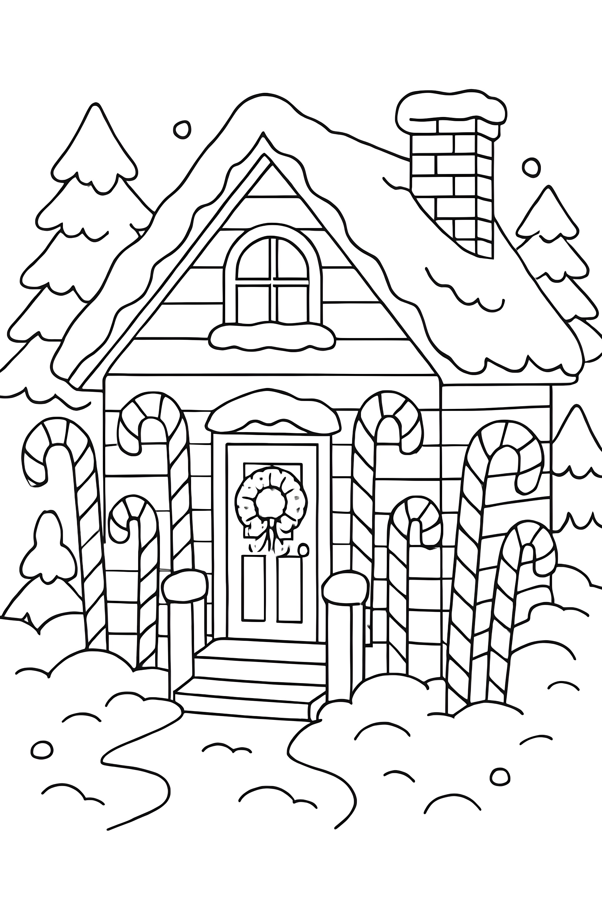 Coloring page of a snowy house adorned with Christmas candy cane decorations and a wreath at the door, surrounded by trees