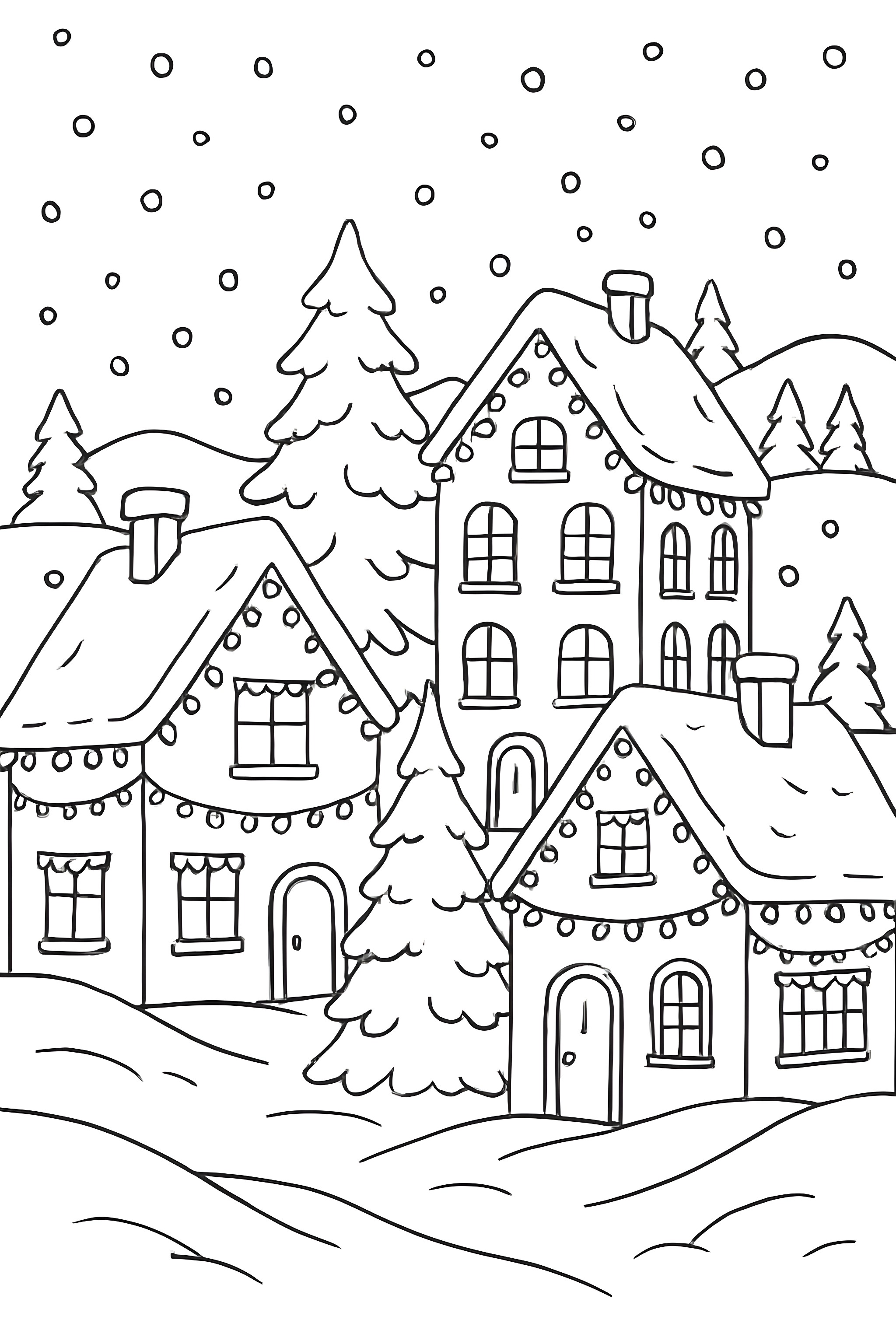 Illustration of a snowy village with houses adorned in Christmas lights and surrounding trees