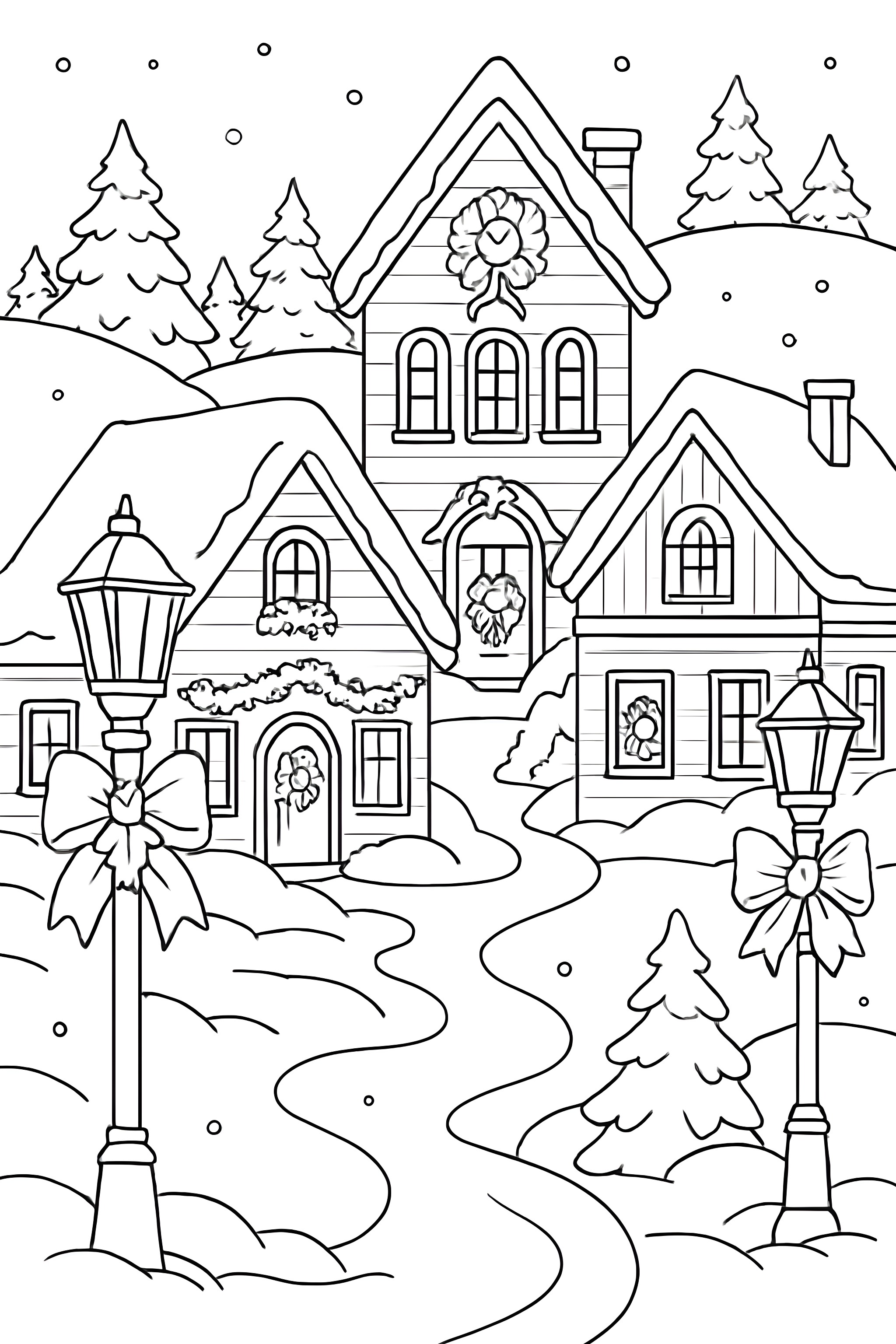 A snowy village scene with decorated houses, lamp posts adorned with bows, and snow-covered trees