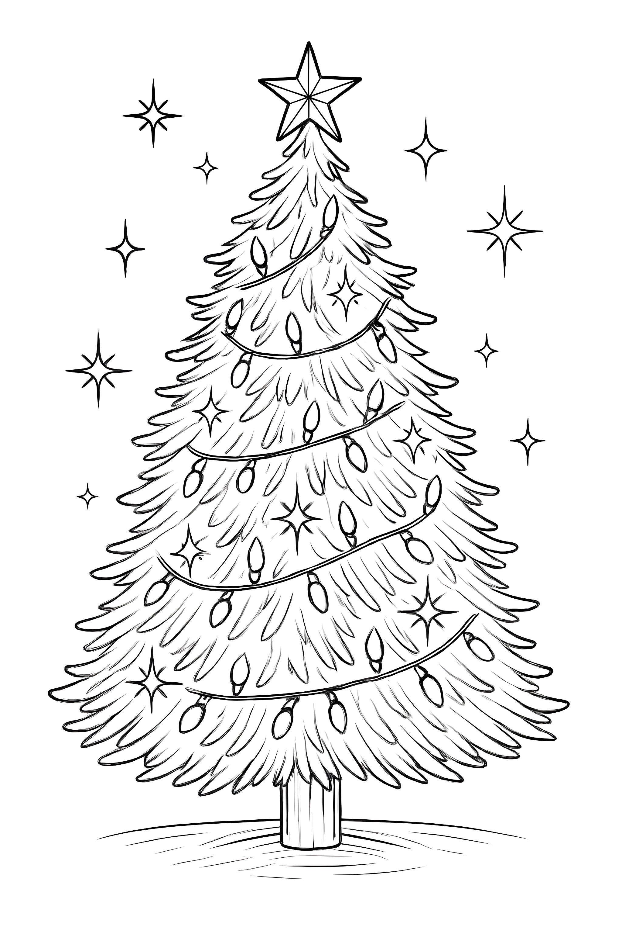 Coloring page of a shimmering artificial Christmas tree adorned with sparkling lights and decorative stars