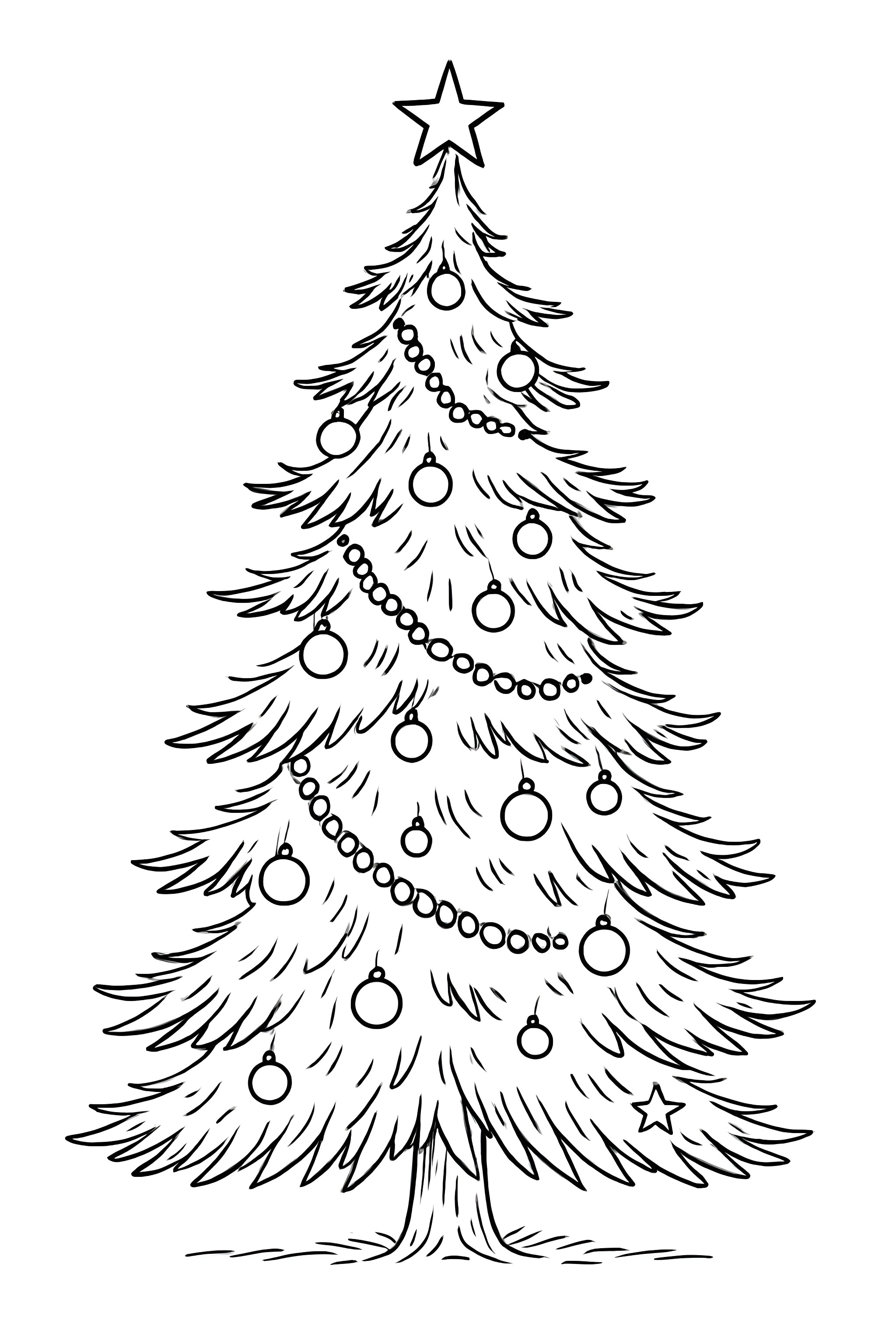 Coloring page of a tall Christmas tree with a natural look, featuring sparse decorations including baubles and a star on top