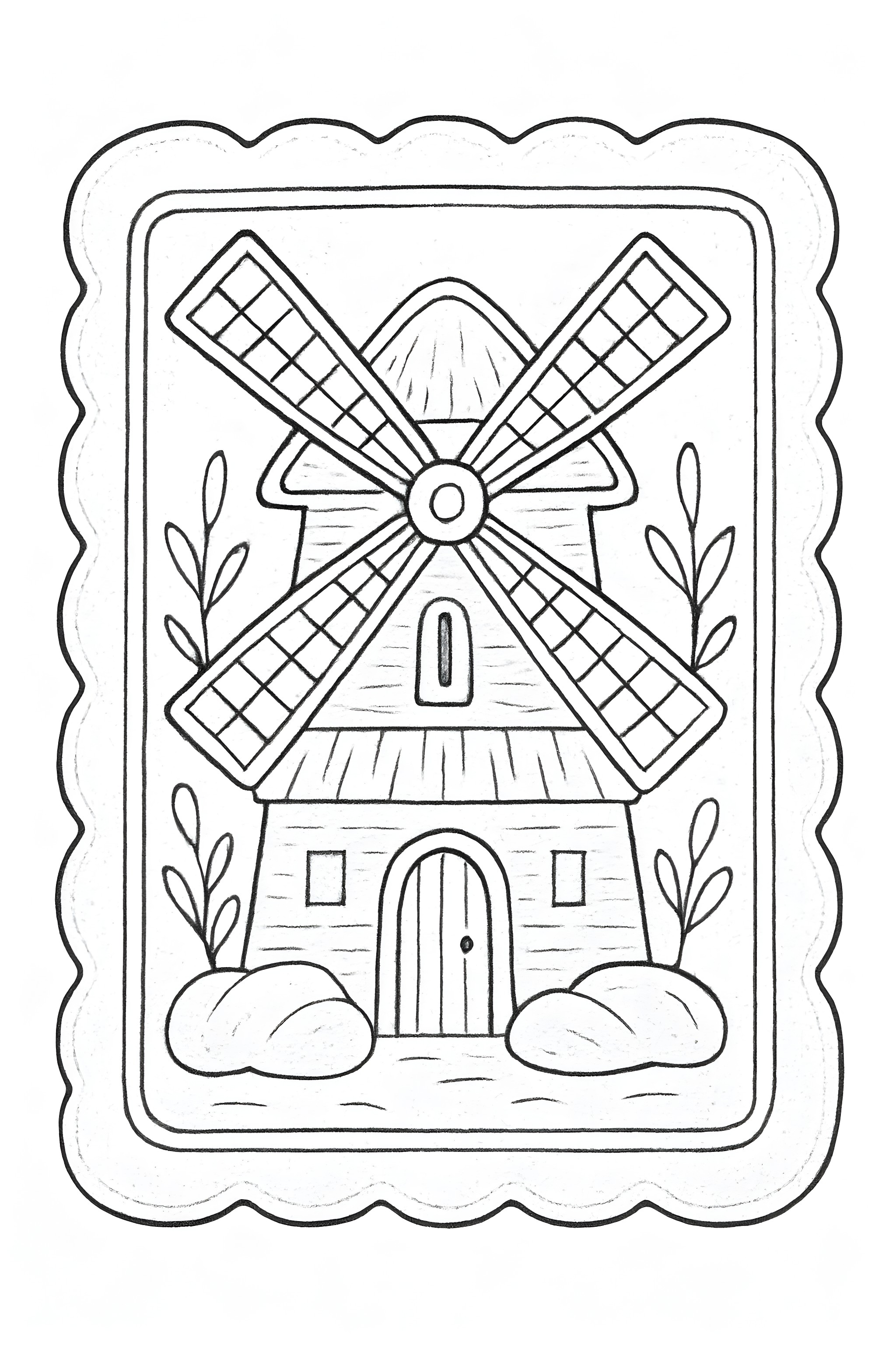 Coloring page of a speculaas cookie featuring a detailed windmill imprint, surrounded by decorative elements