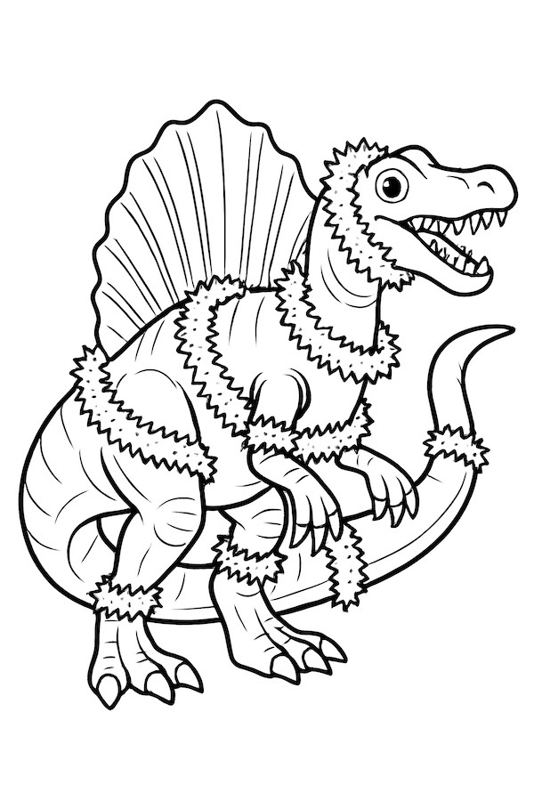 Coloring page of a Spinosaurus decorated with tinsel, showcasing its distinctive spines and playful expression