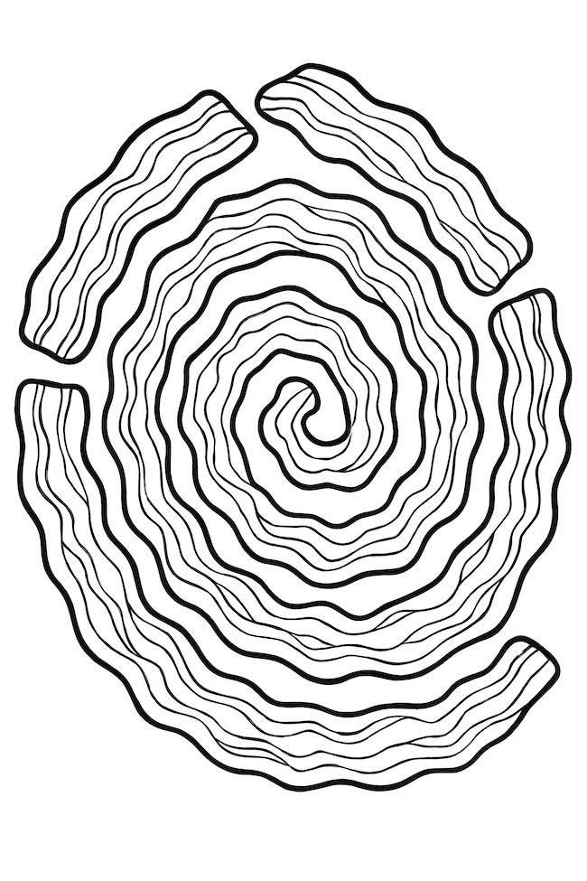 Coloring page of bacon strips arranged in a swirling spiral pattern