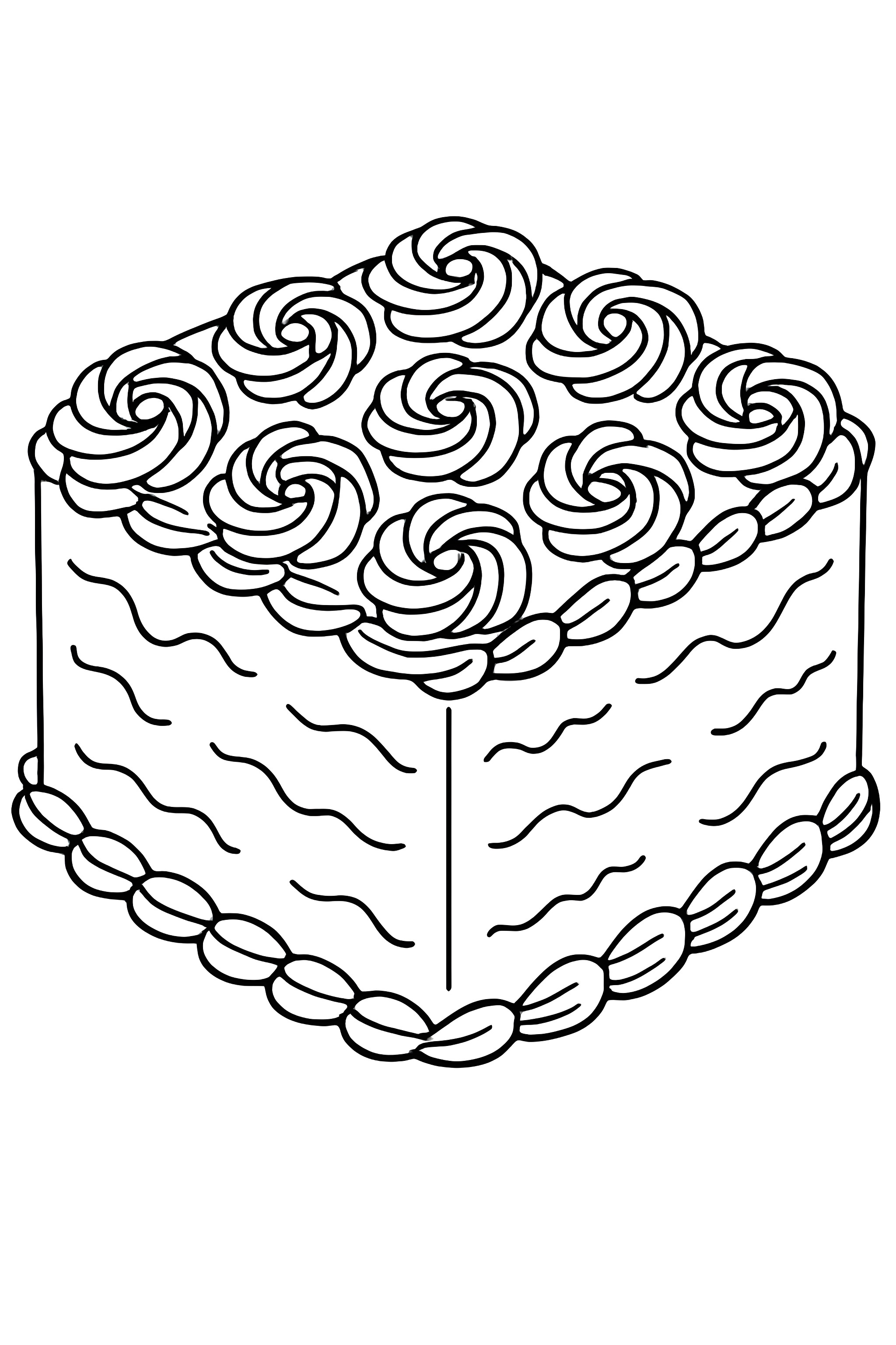 Coloring page of a square cake decorated with piped rosettes and wavy icing patterns on the sides
