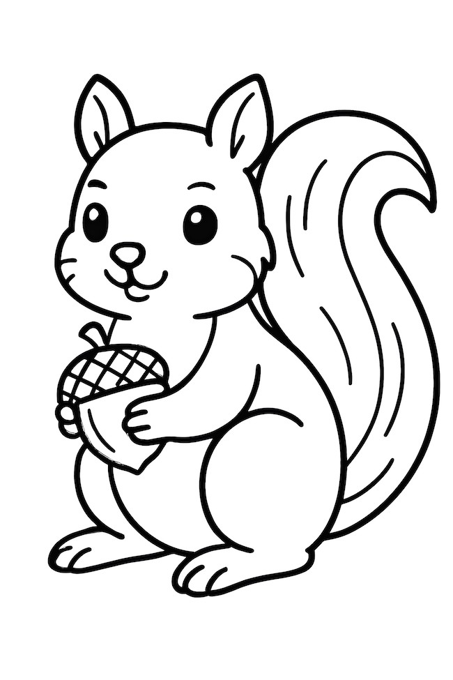 Coloring page of a solitary squirrel holding an acorn with a bushy tail