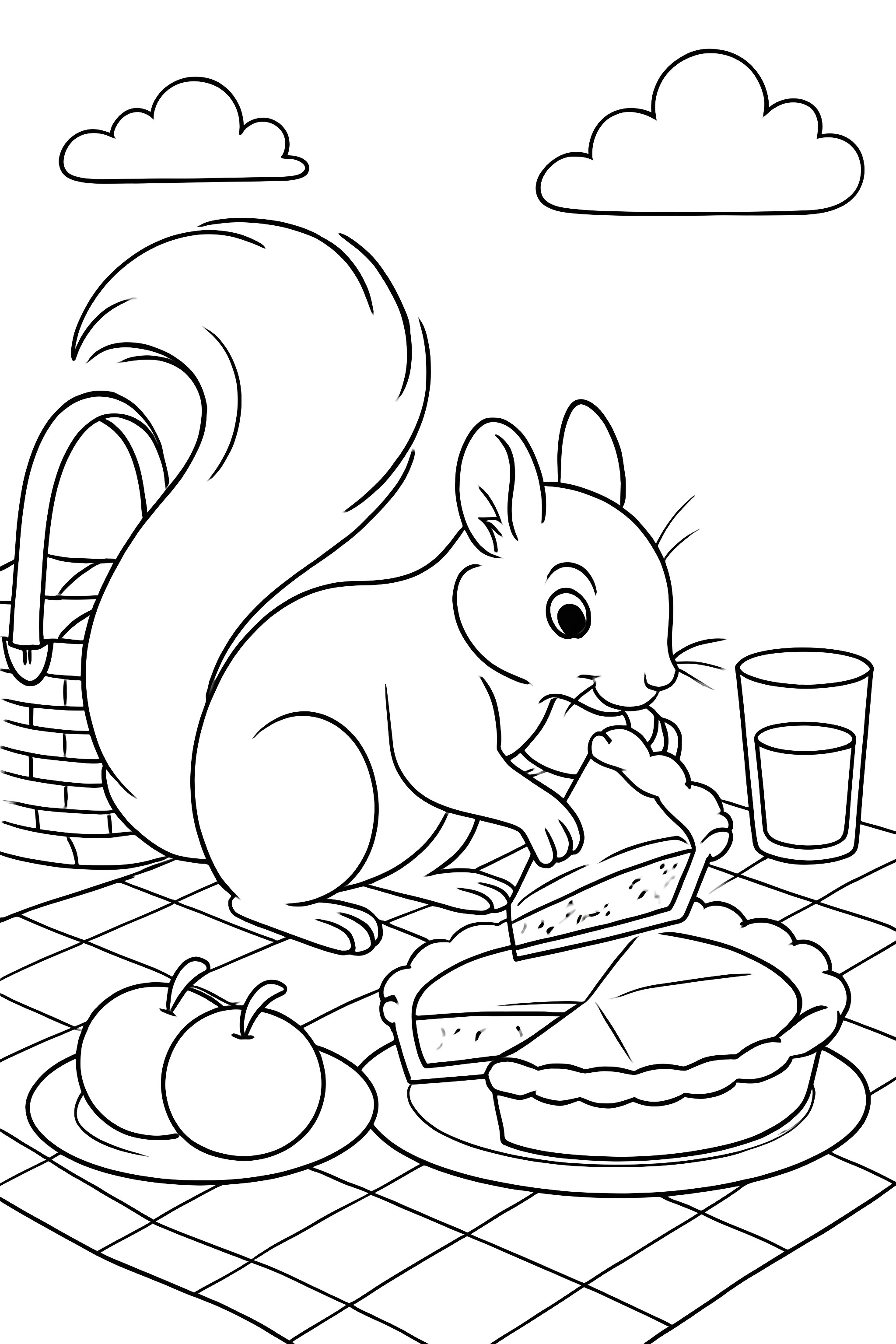 A squirrel sneaking a pie slice from a picnic set on a checkered cloth