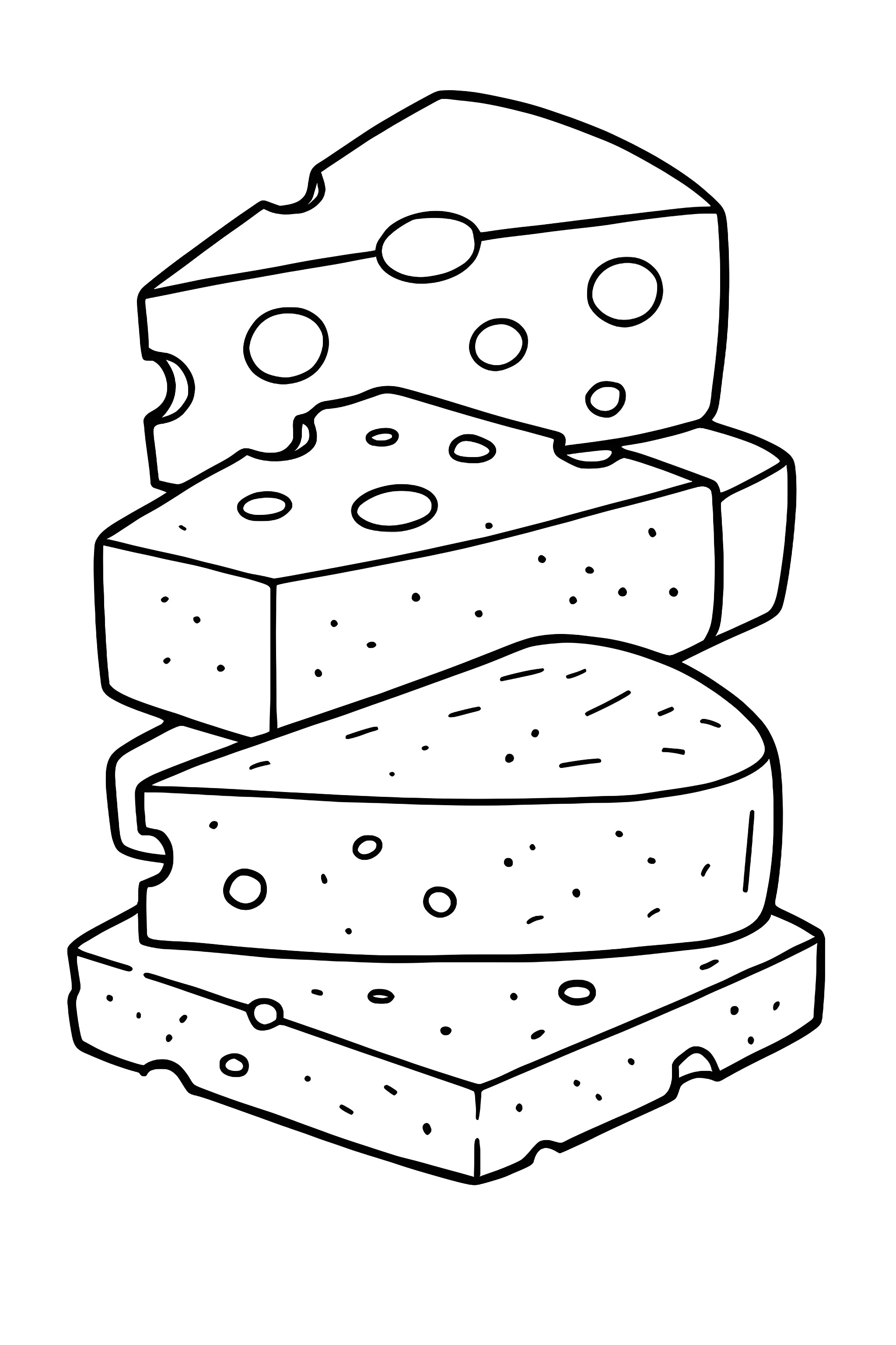 Coloring page featuring a stack of four assorted cheese slices, each with unique shapes and textures including holes and speckles.