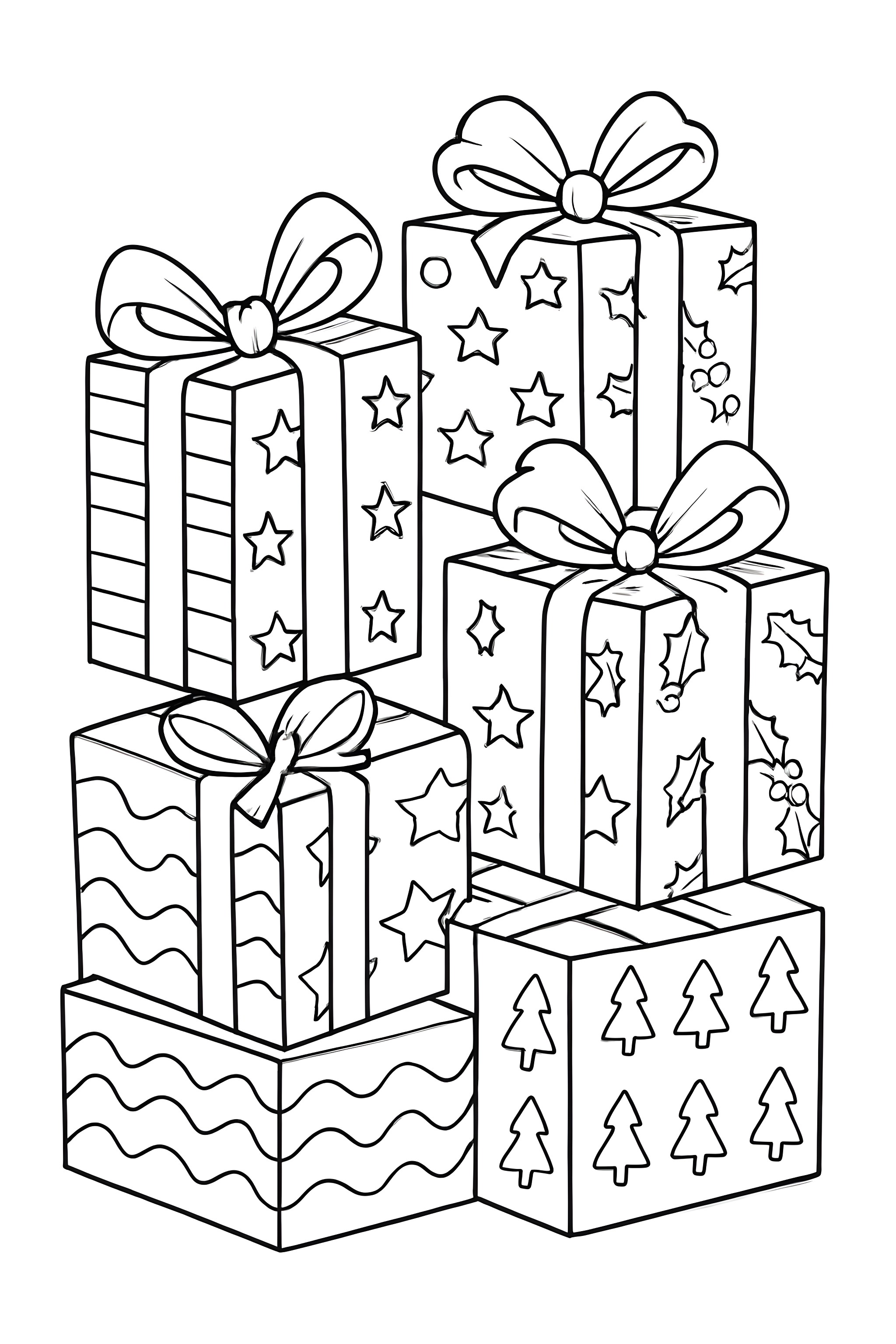 A stack of Christmas presents with various wrapping styles, including stars, waves, trees, and holly