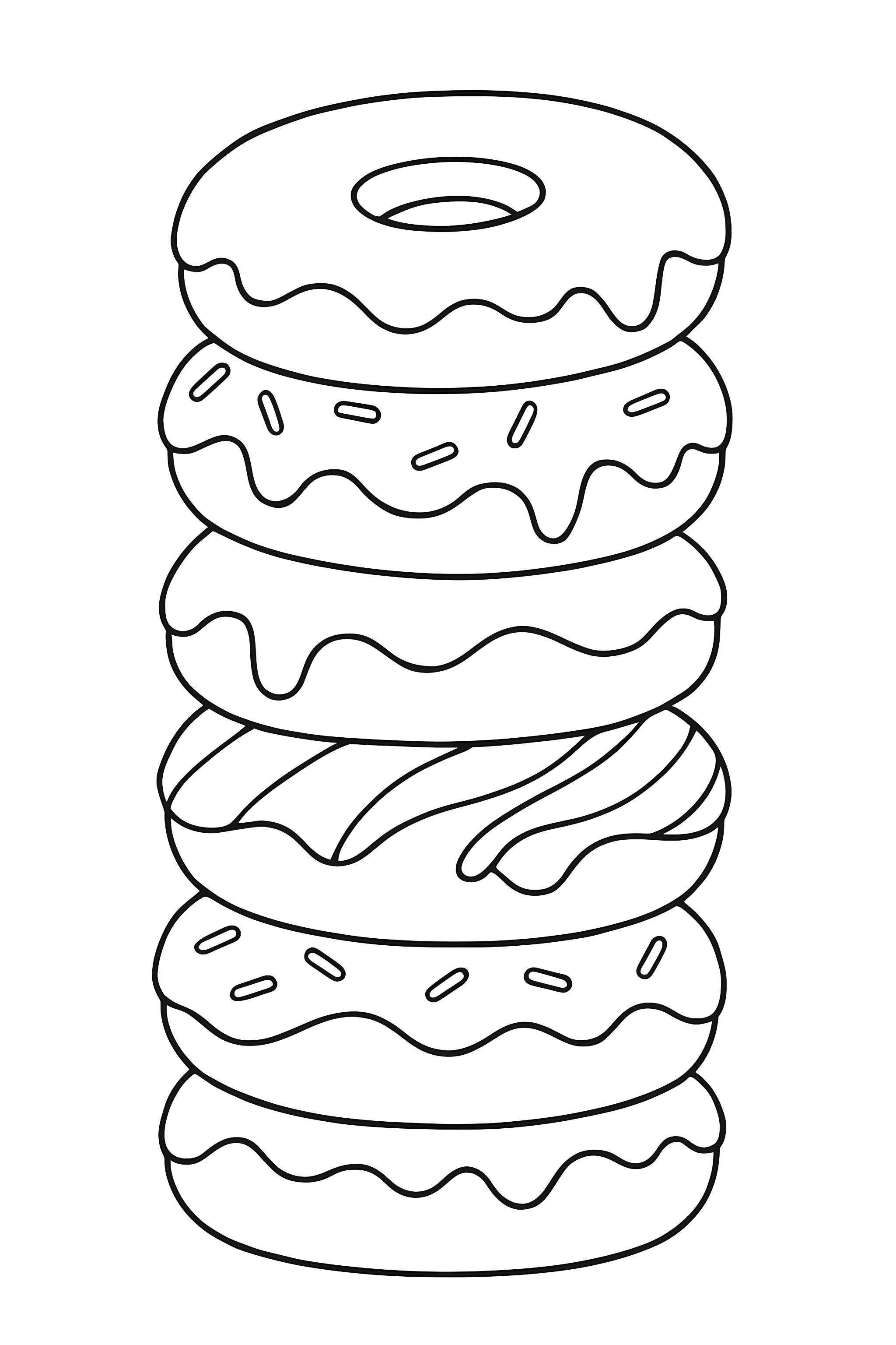 Coloring page of a tall stack of donuts featuring various icing styles and colorful sprinkles on each layer