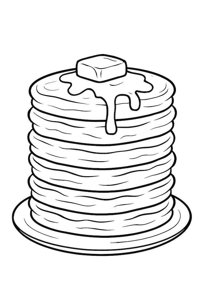 Coloring page of a towering stack of fluffy pancakes with syrup and a pat of butter on top