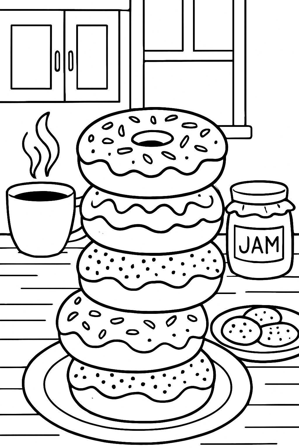 Coloring page featuring a stack of four donuts, a cup of coffee, a jar of jam, and cookies on a plate in a cozy kitchen setting.