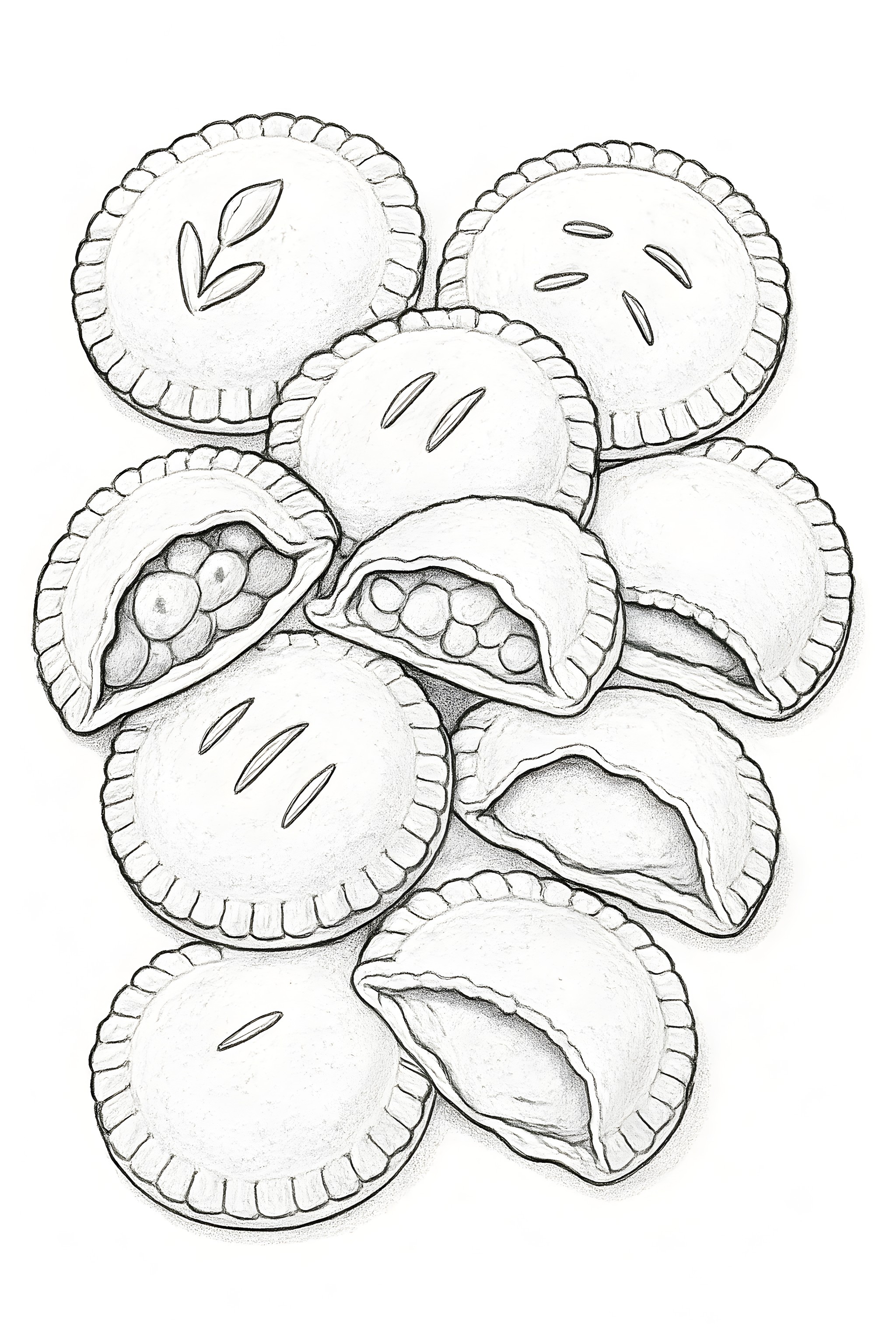Coloring page of a pile of mini hand pies, some whole and others showing various fillings like fruit and berries