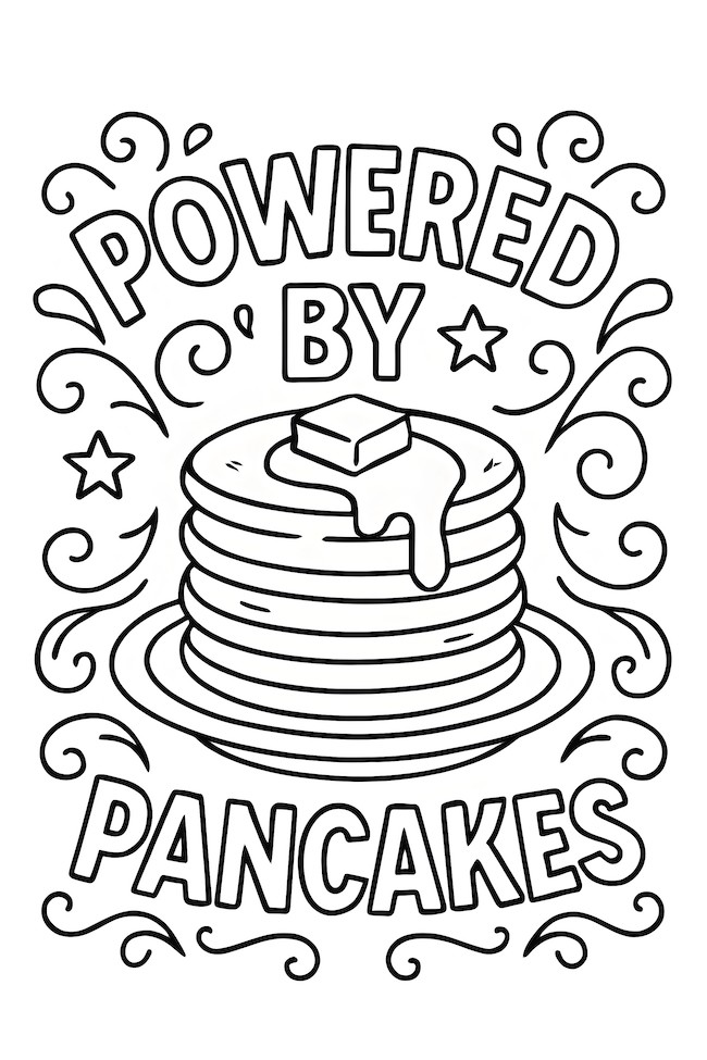 Coloring page featuring a tall stack of pancakes topped with melted butter and syrup, accompanied by decorative swirls and powered by text