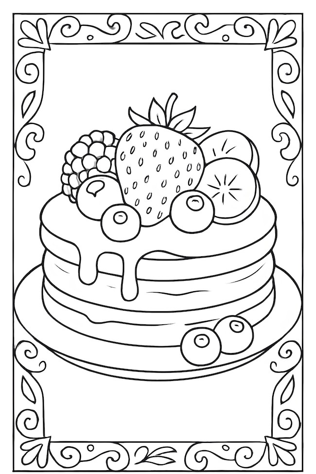 Coloring page of a stack of pancakes topped with various fruits including strawberries, blueberries, and raspberries