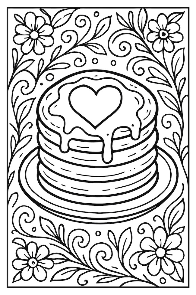 Coloring page of a stack of pancakes with a heart shape on top, surrounded by floral decorations