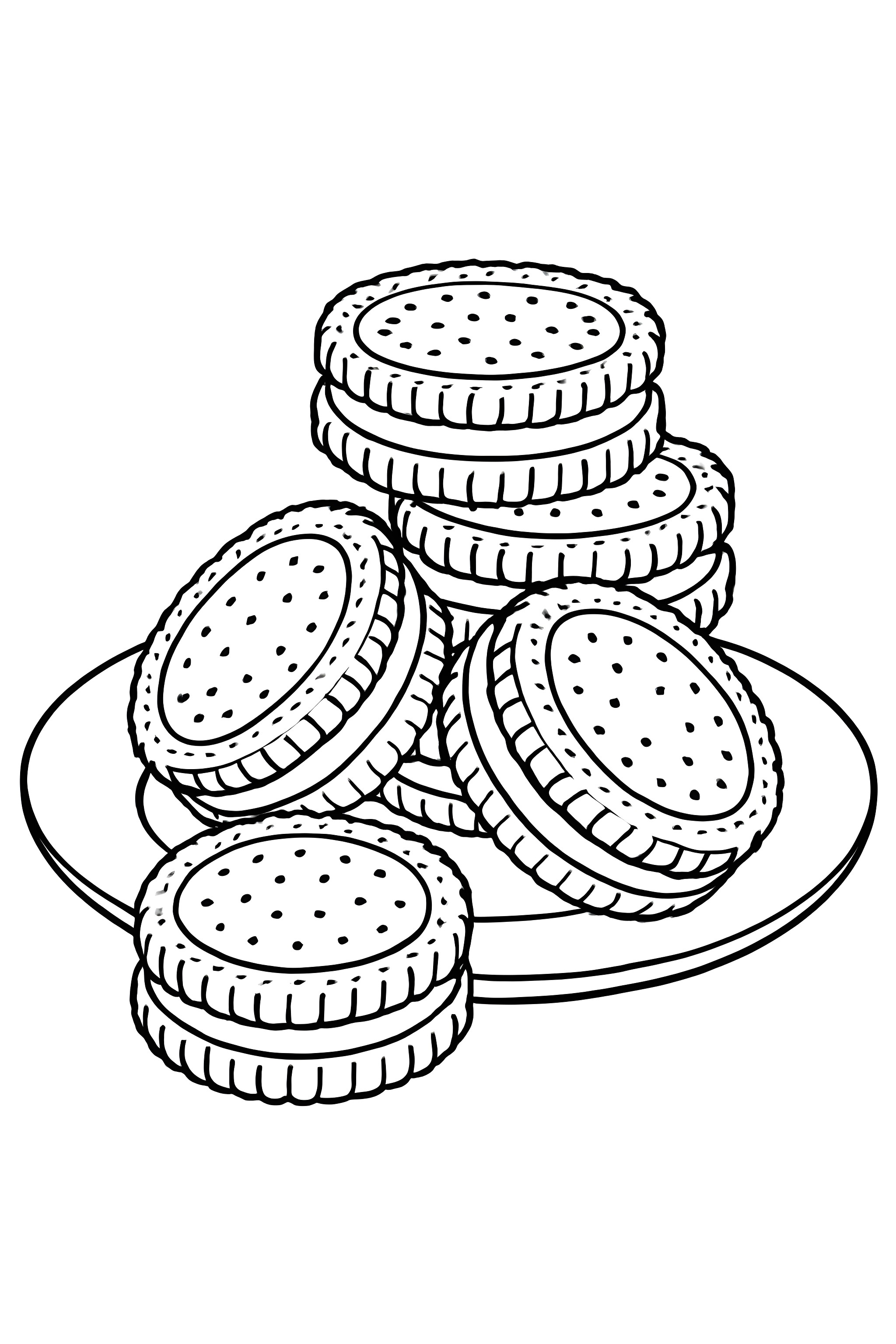 Coloring page depicting a stack of sandwich cookies arranged on a plate with textured details