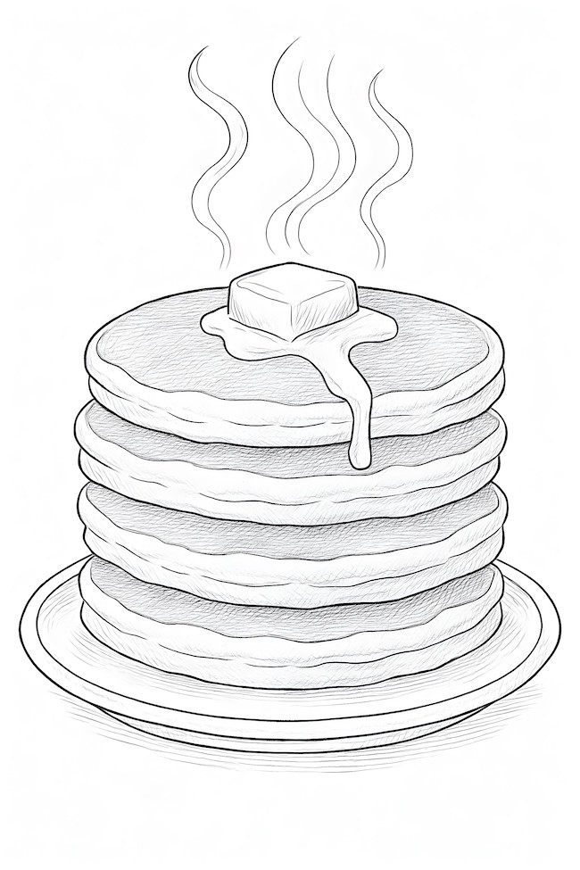 Coloring page of a stack of hot pancakes with a melting pat of butter on top and steam rising
