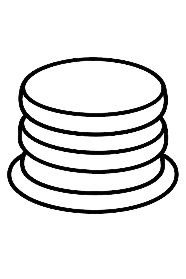 Coloring page of three plain pancakes stacked on a plate