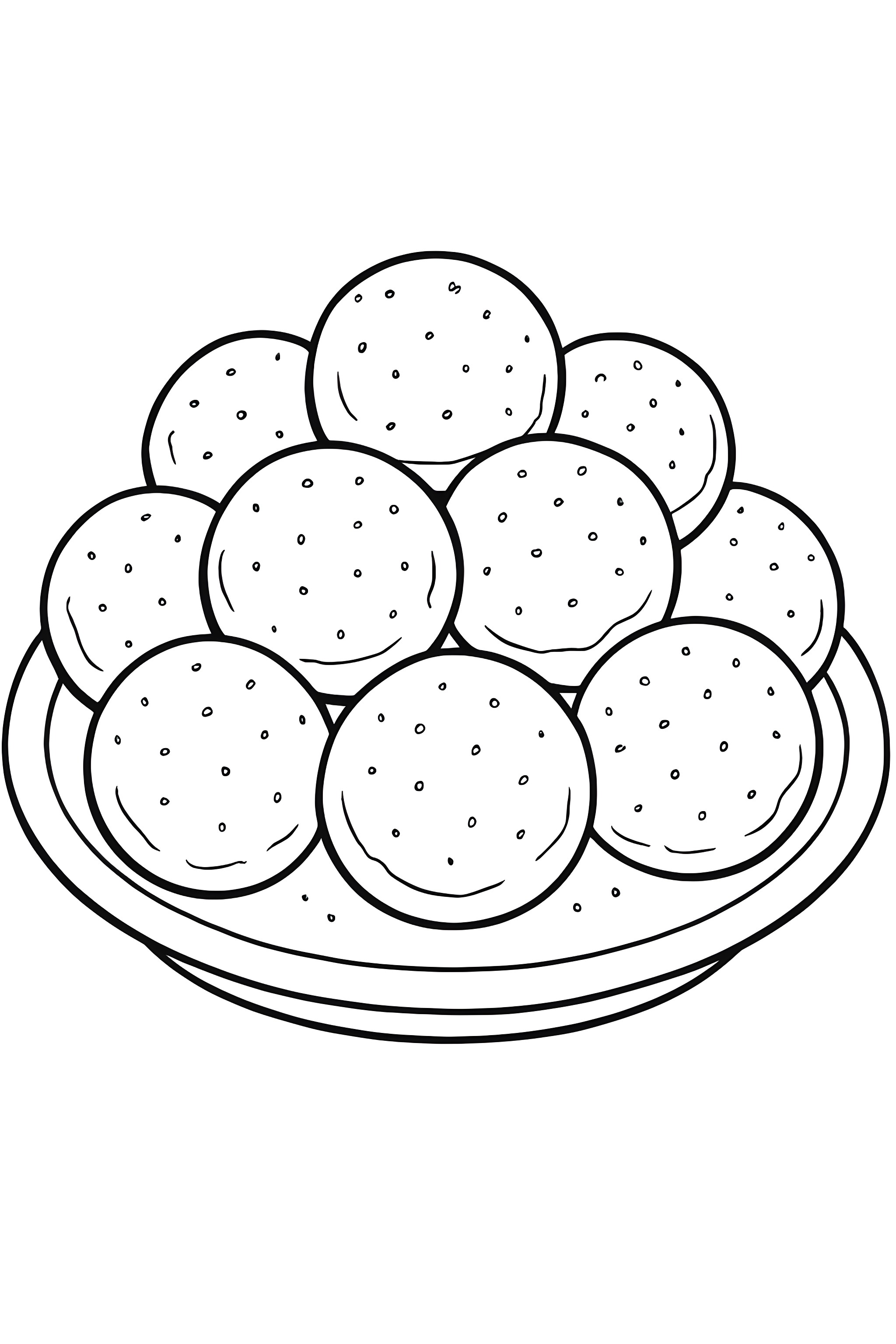 Coloring page of a plate filled with stacked donut holes, each decorated with sprinkles and varying sizes