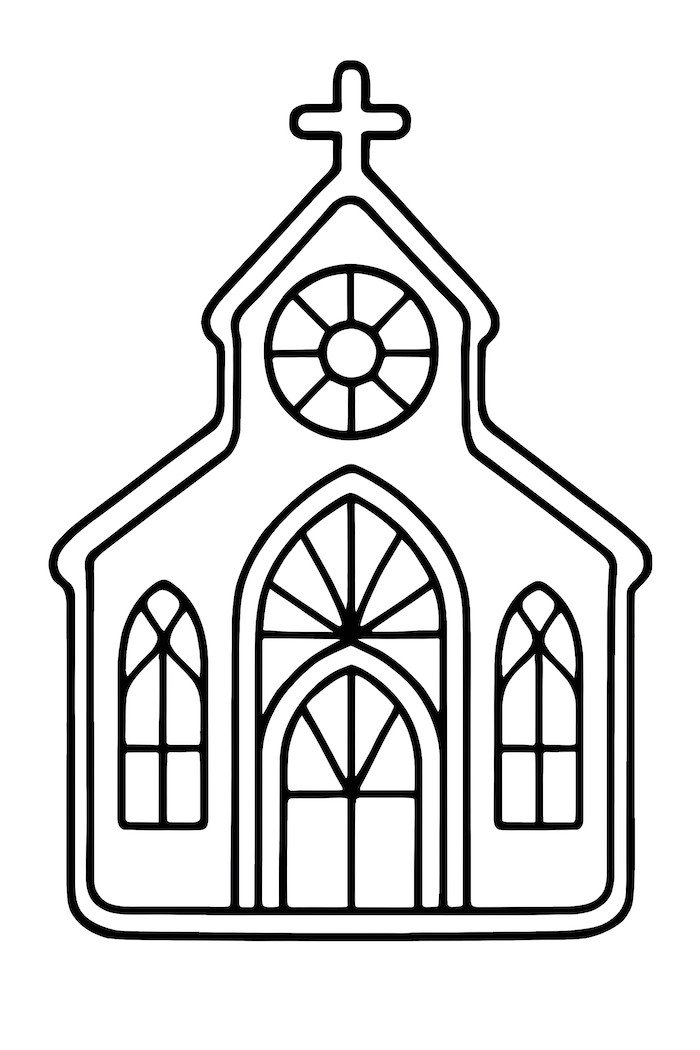 Coloring page of a church-shaped cookie featuring intricate stained glass window details and a cross on the roof