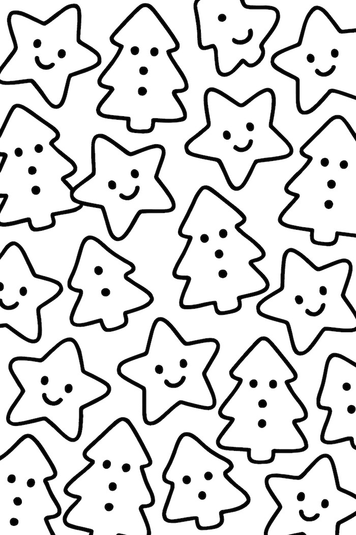 Coloring page of repeating star and tree shaped cookies with smiling faces and decorative elements