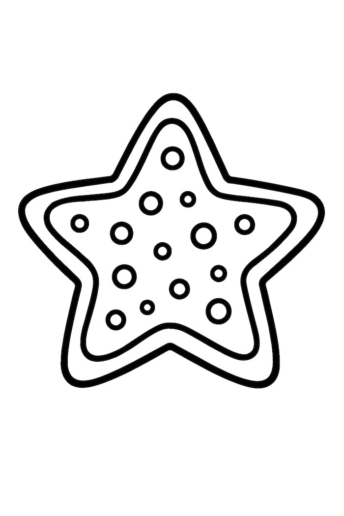 Coloring page of a star-shaped sugar cookie decorated with various dots and circles